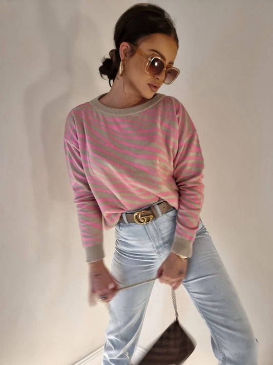 Pink, Beige Zebra Print Short Jumper