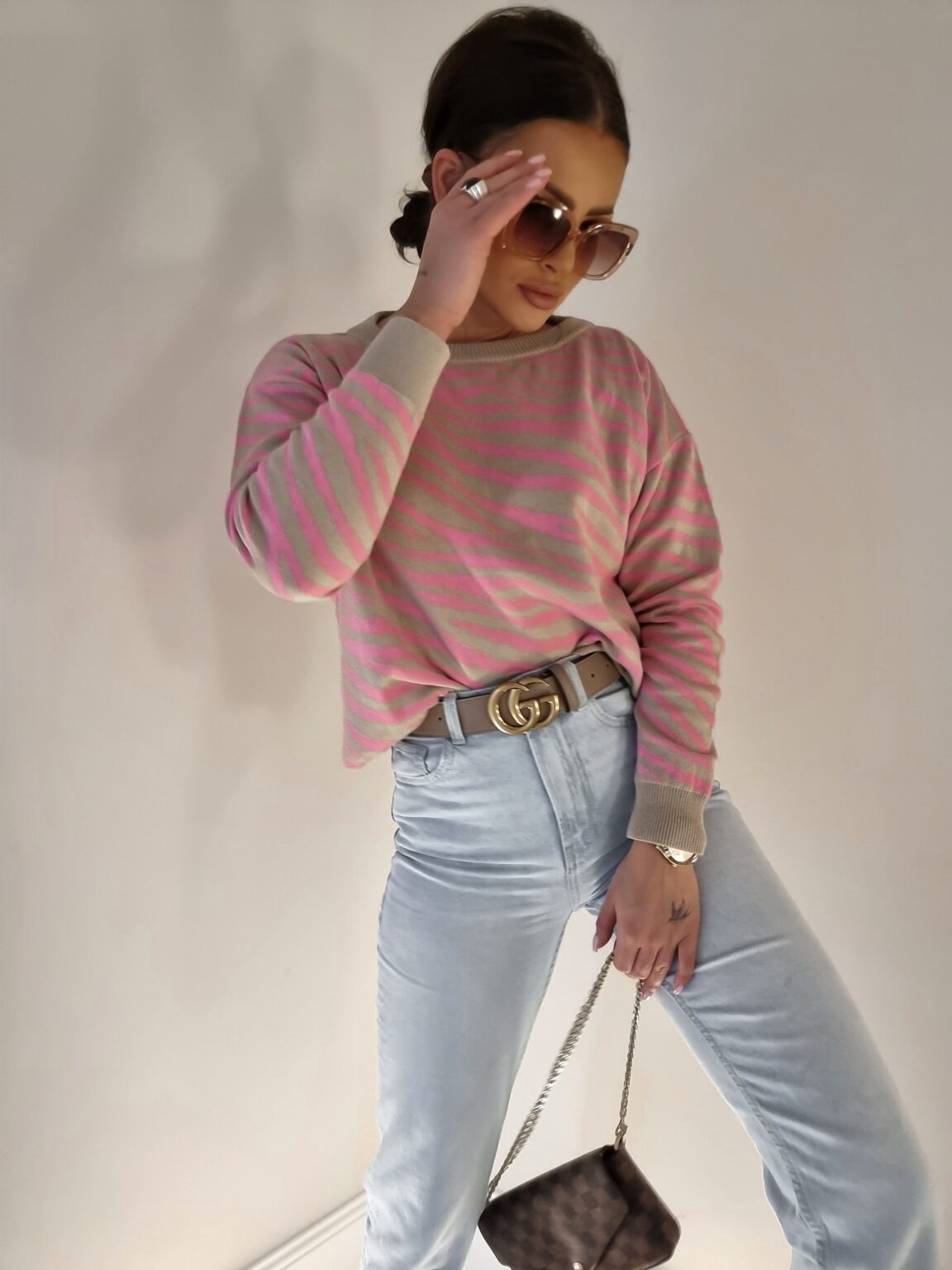 Pink, Beige Zebra Print Short Jumper