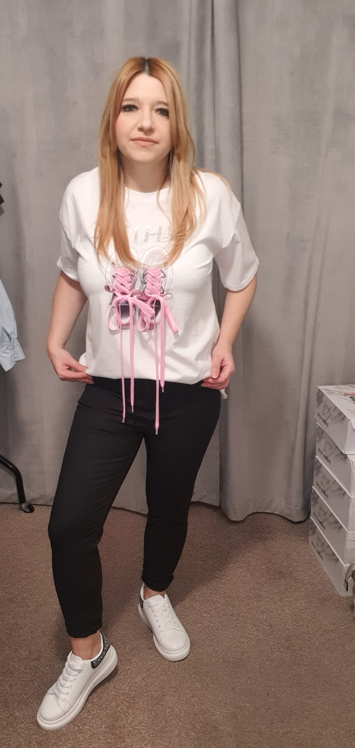 White T-Shirt With Trainers Print