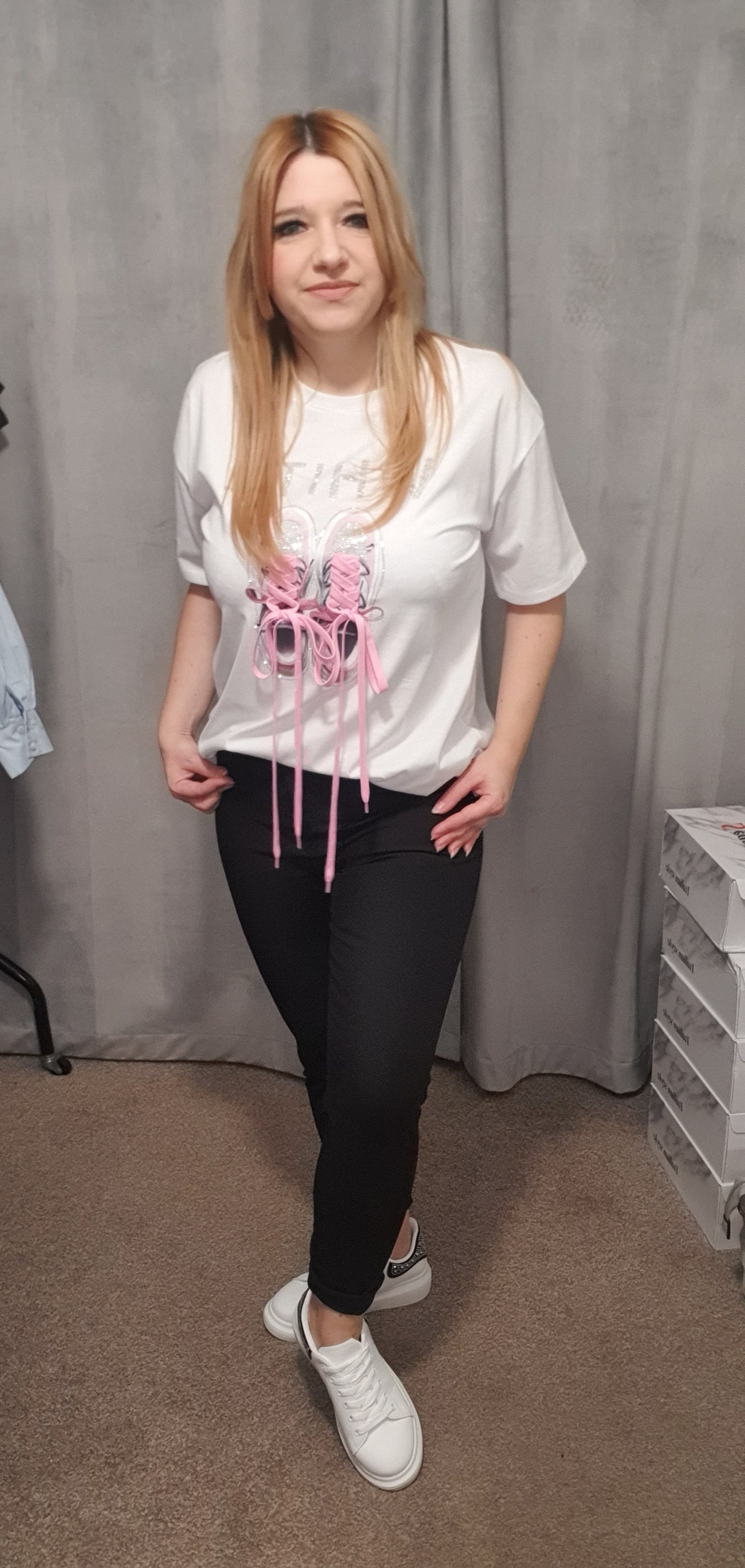 White T-Shirt With Trainers Print