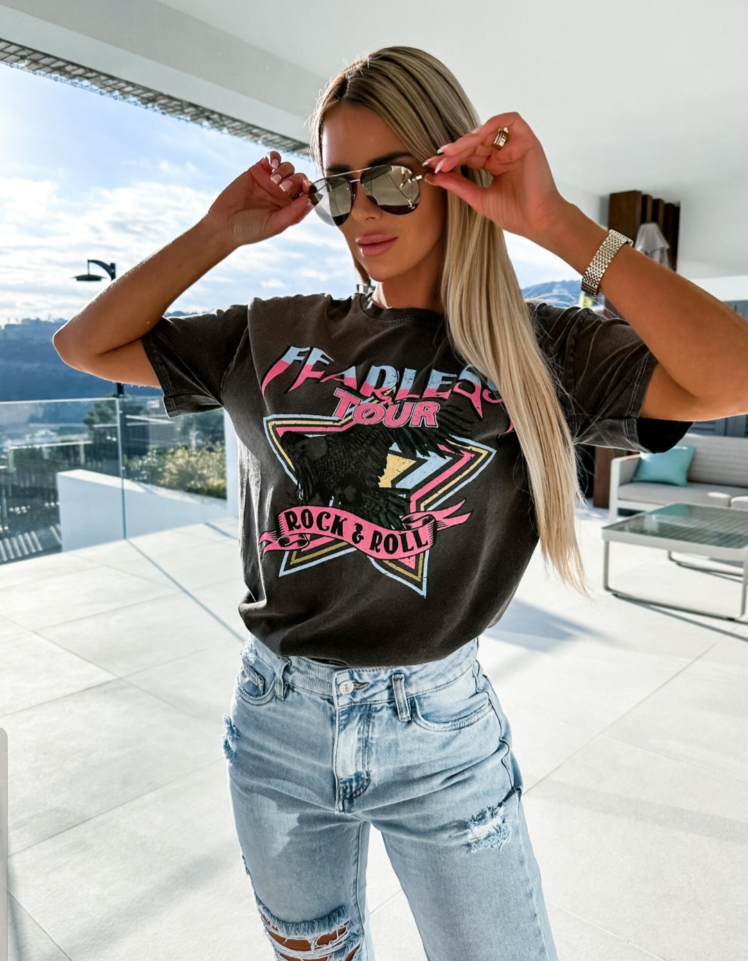Cotton Fearless Tour Rock and Roll Print T-Shirt