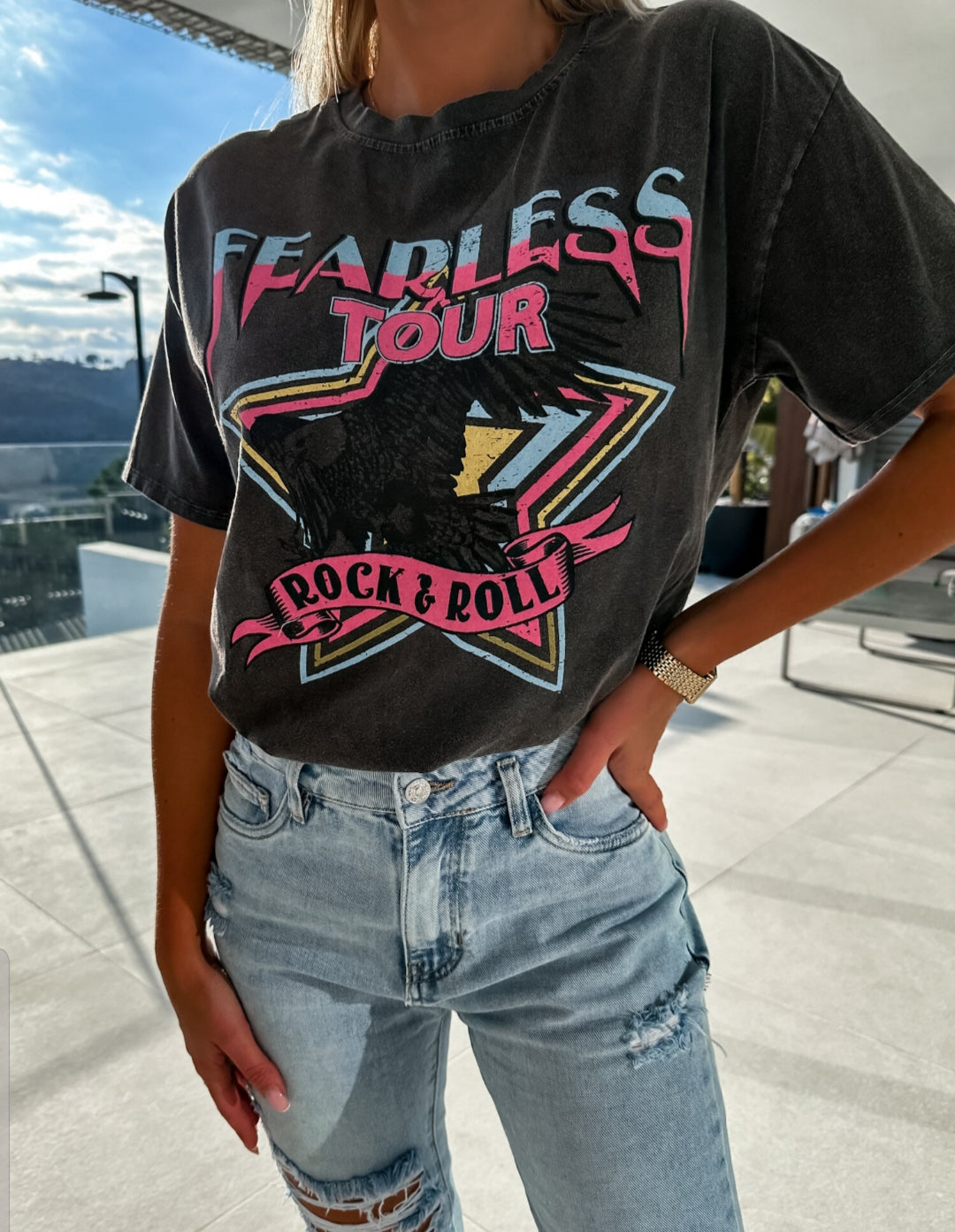 Cotton Fearless Tour Rock and Roll Print T-Shirt