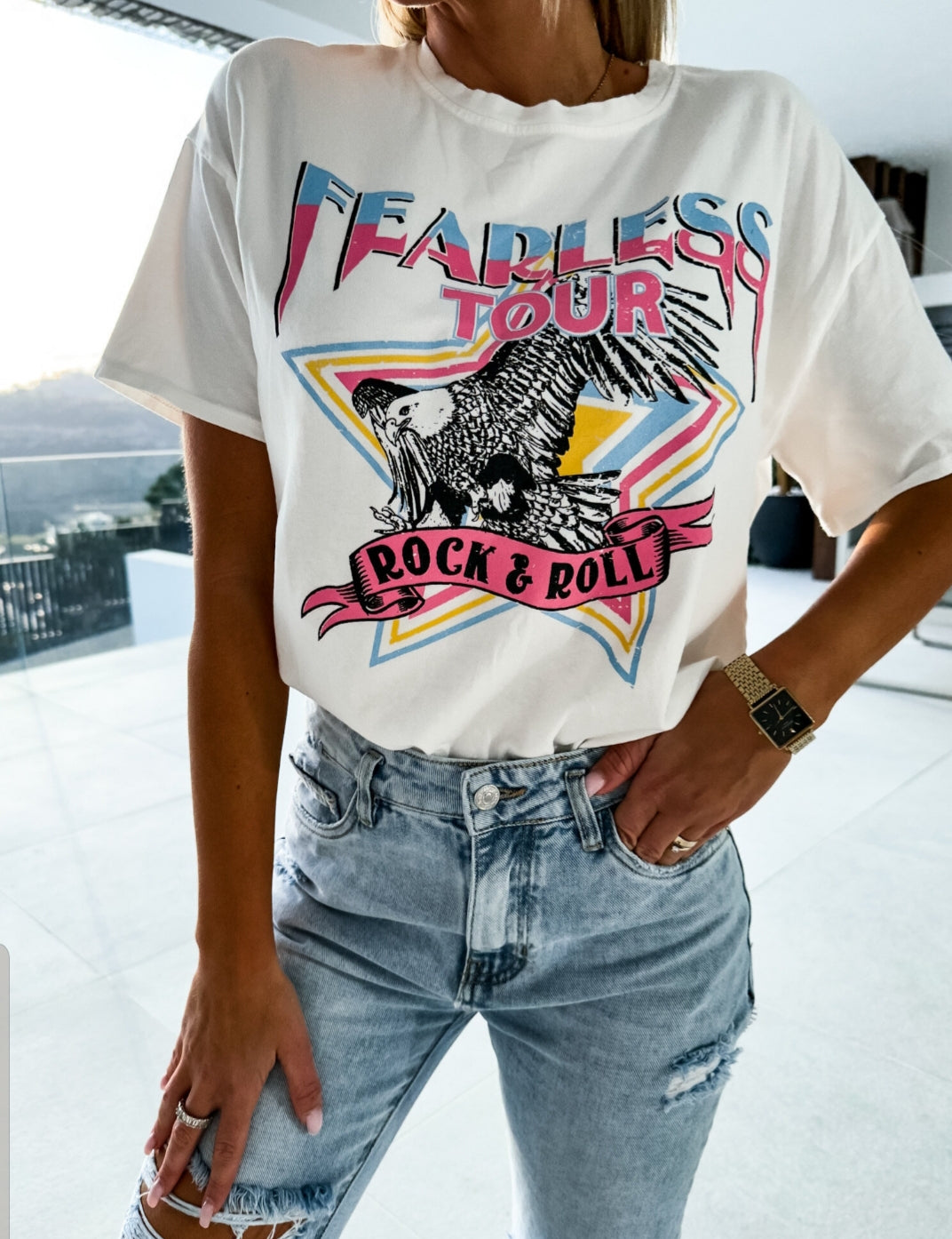 Cotton Fearless Tour Rock and Roll Print T-Shirt