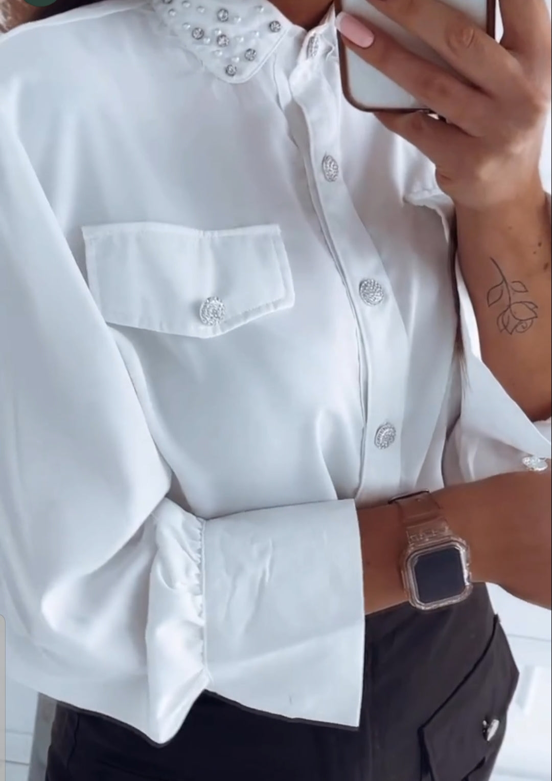 Off White Shirt, Blouse with Decorative Buttons