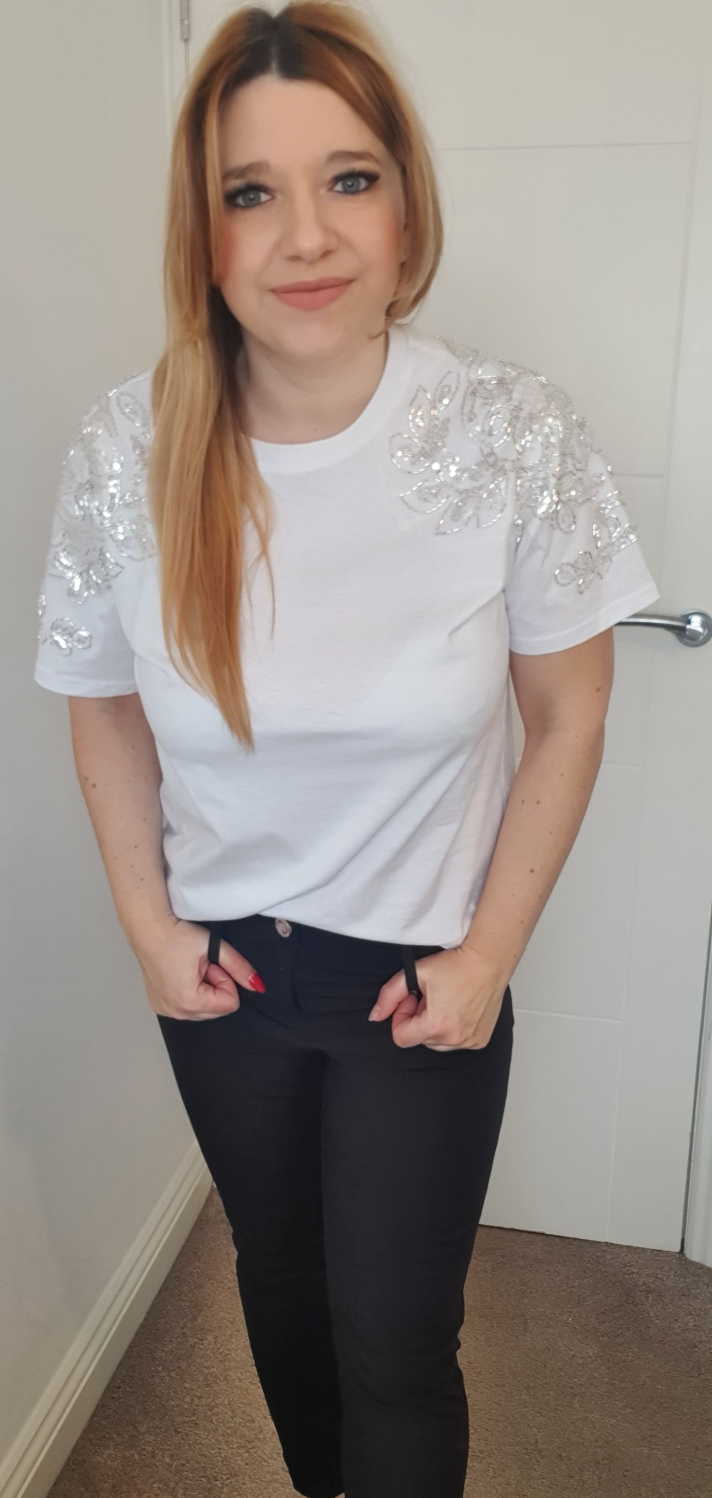 White Cotton T-Shirt with Decorated Sleeves