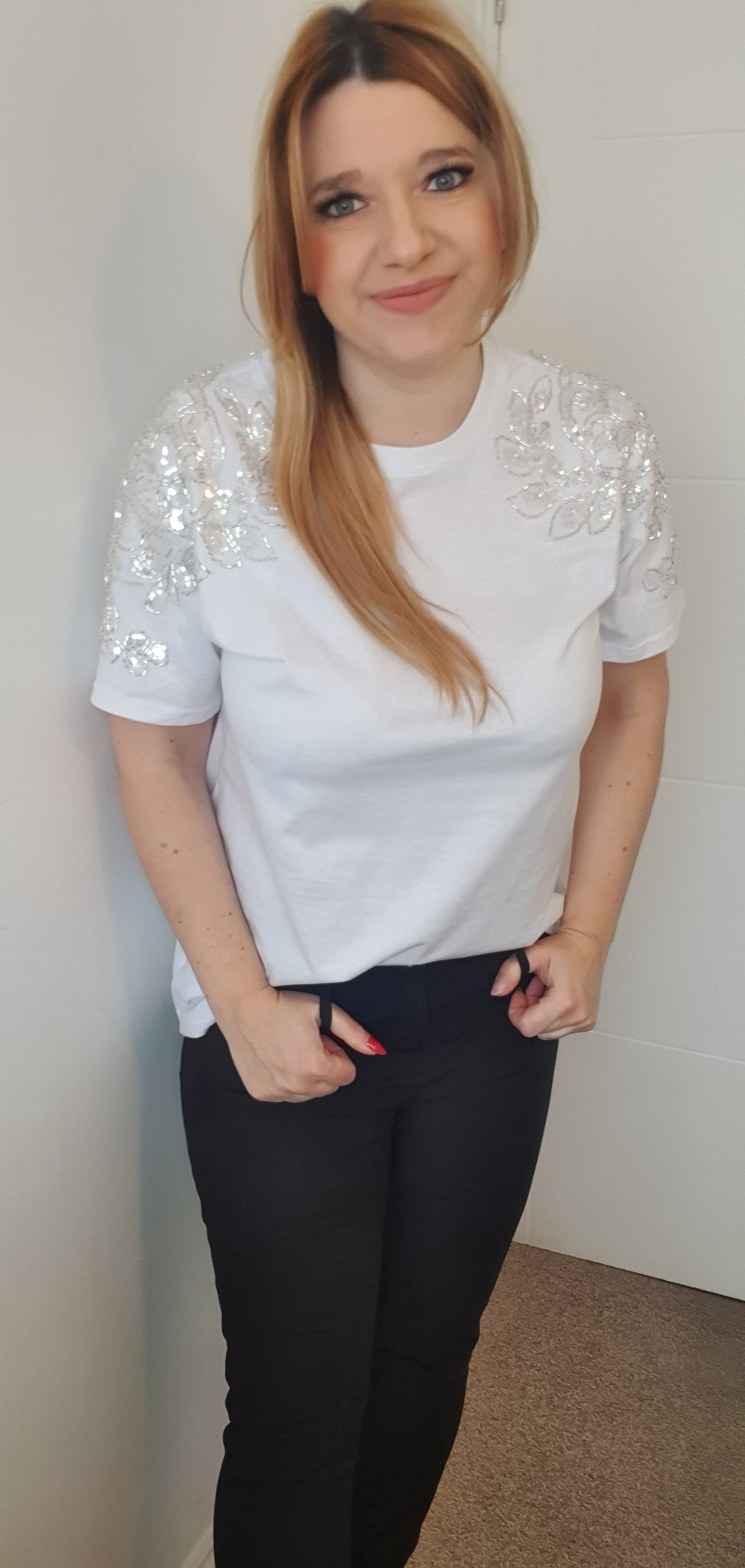 White Cotton T-Shirt with Decorated Sleeves