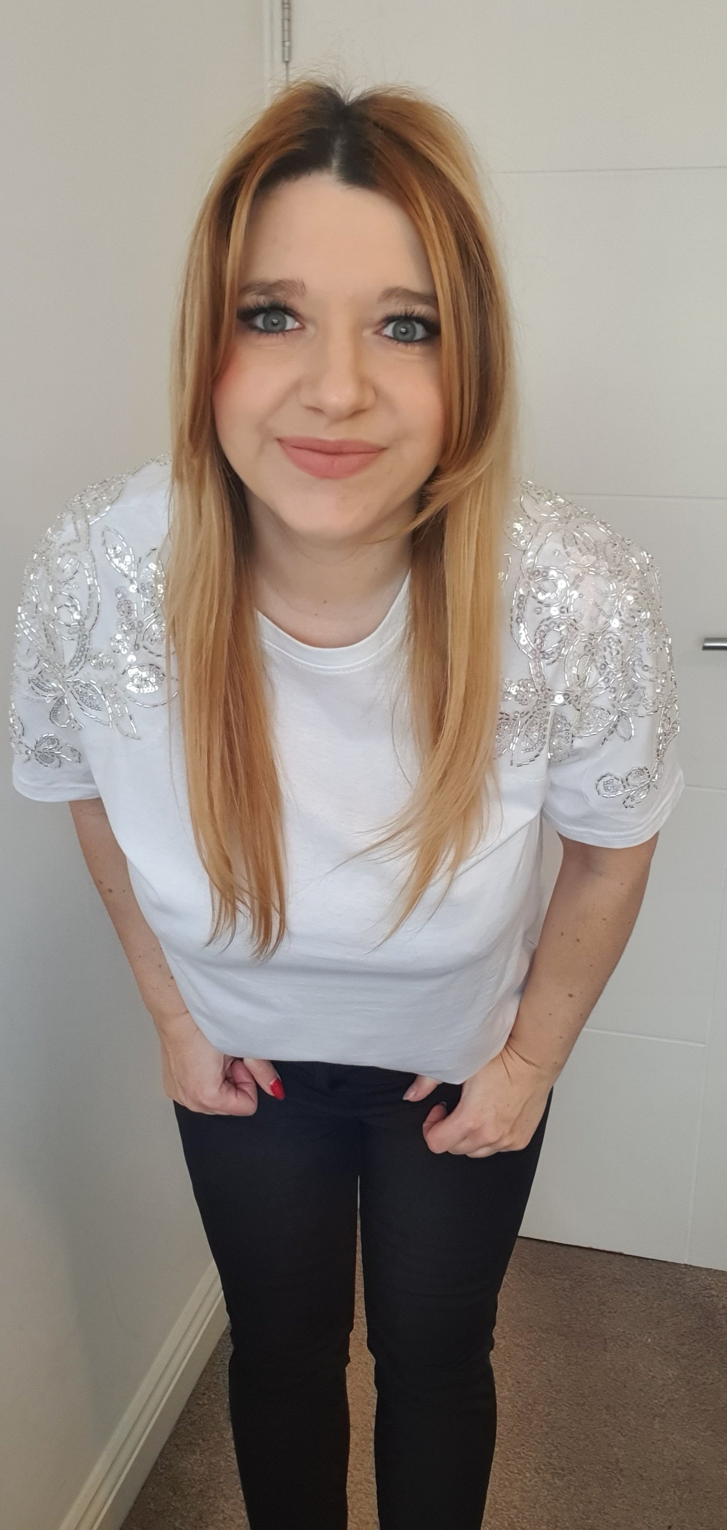 White Cotton T-Shirt with Decorated Sleeves