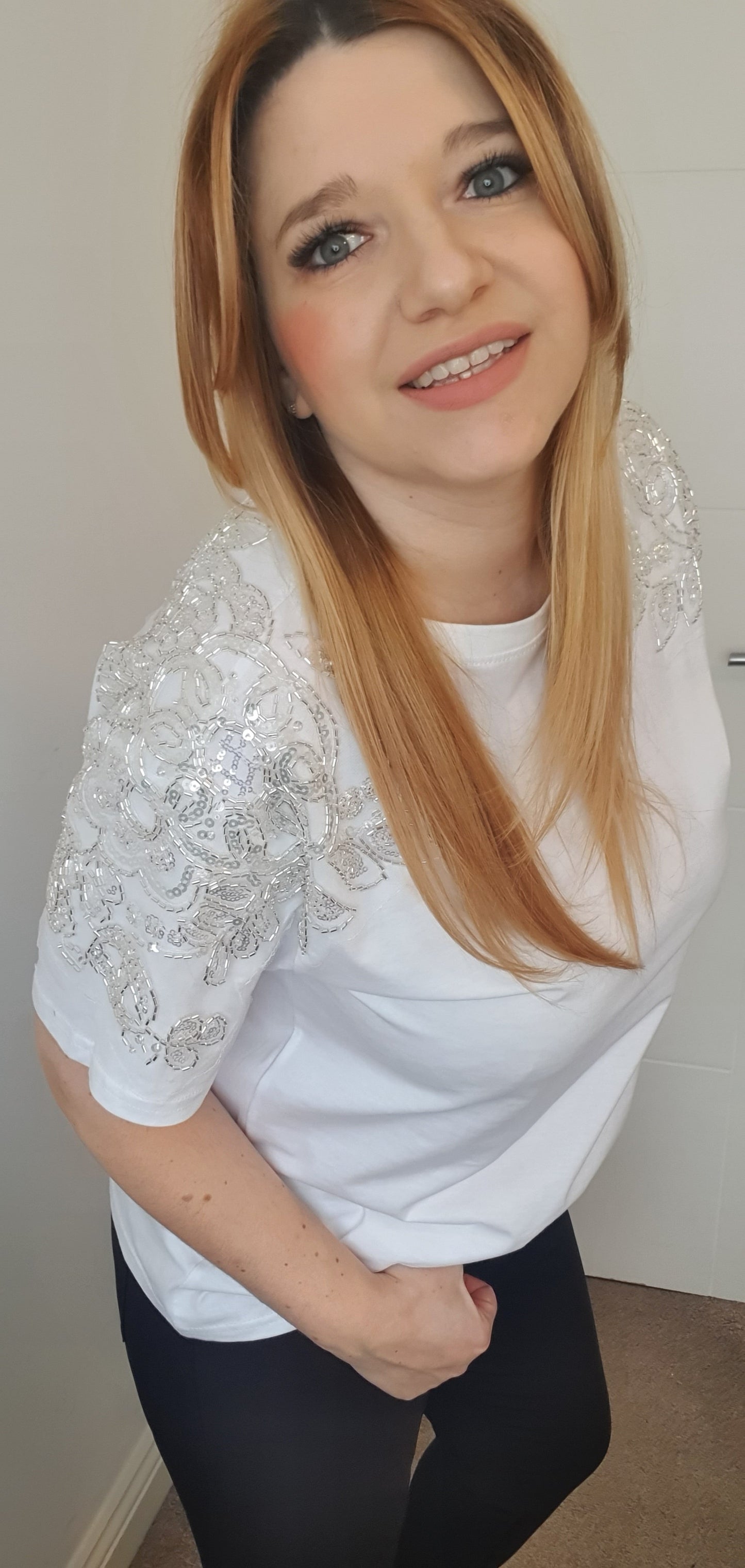White Cotton T-Shirt with Decorated Sleeves