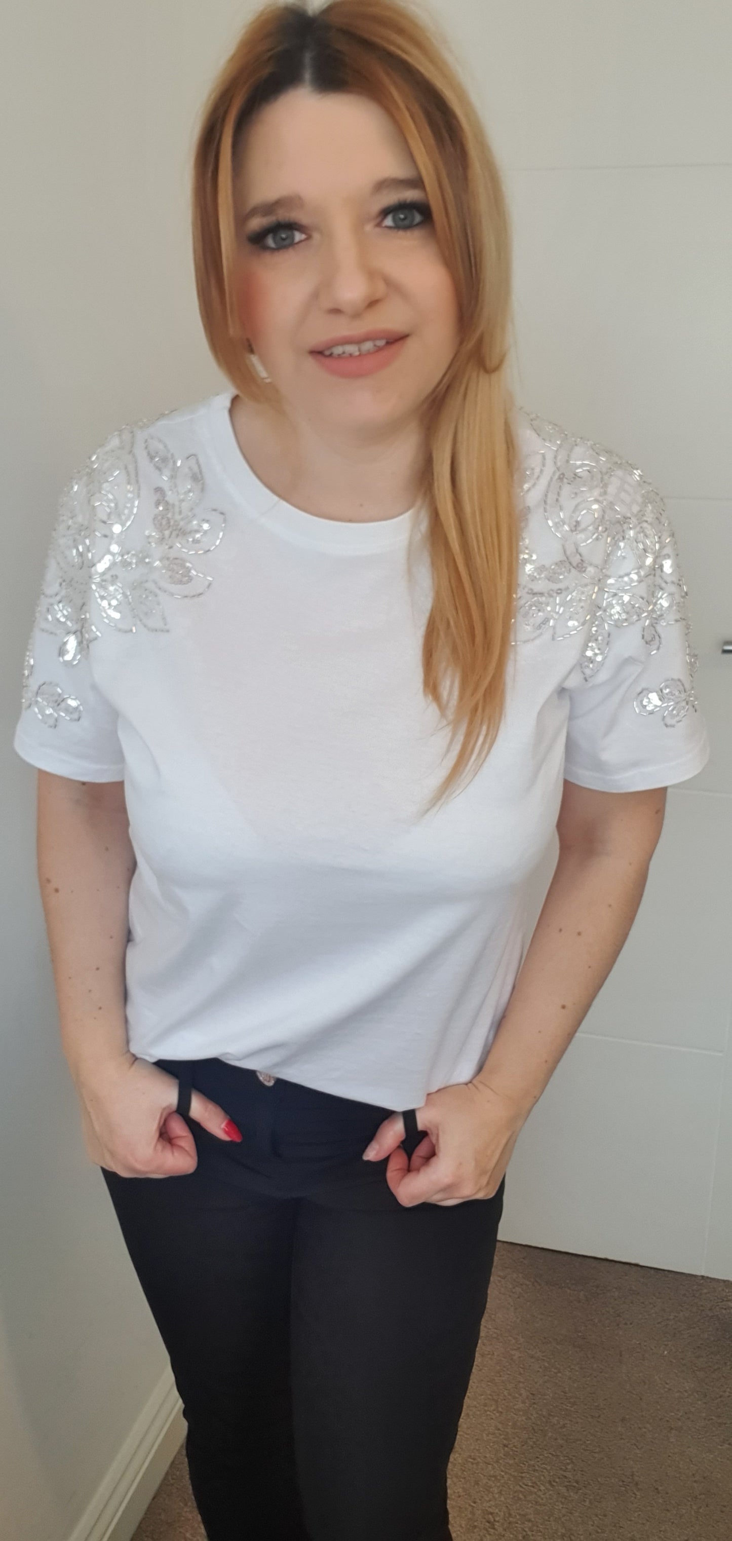 White Cotton T-Shirt with Decorated Sleeves