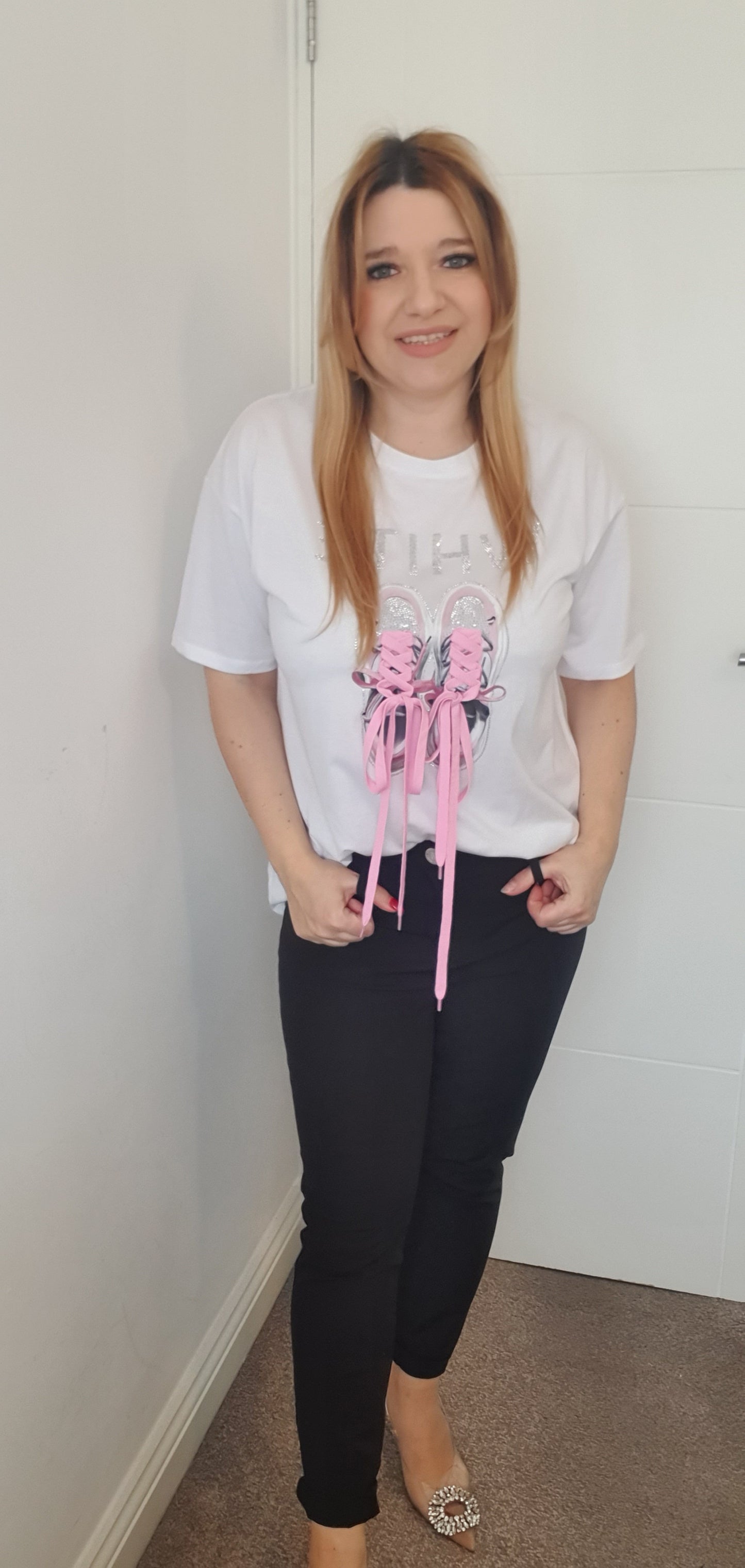 White T-Shirt With Trainers Print