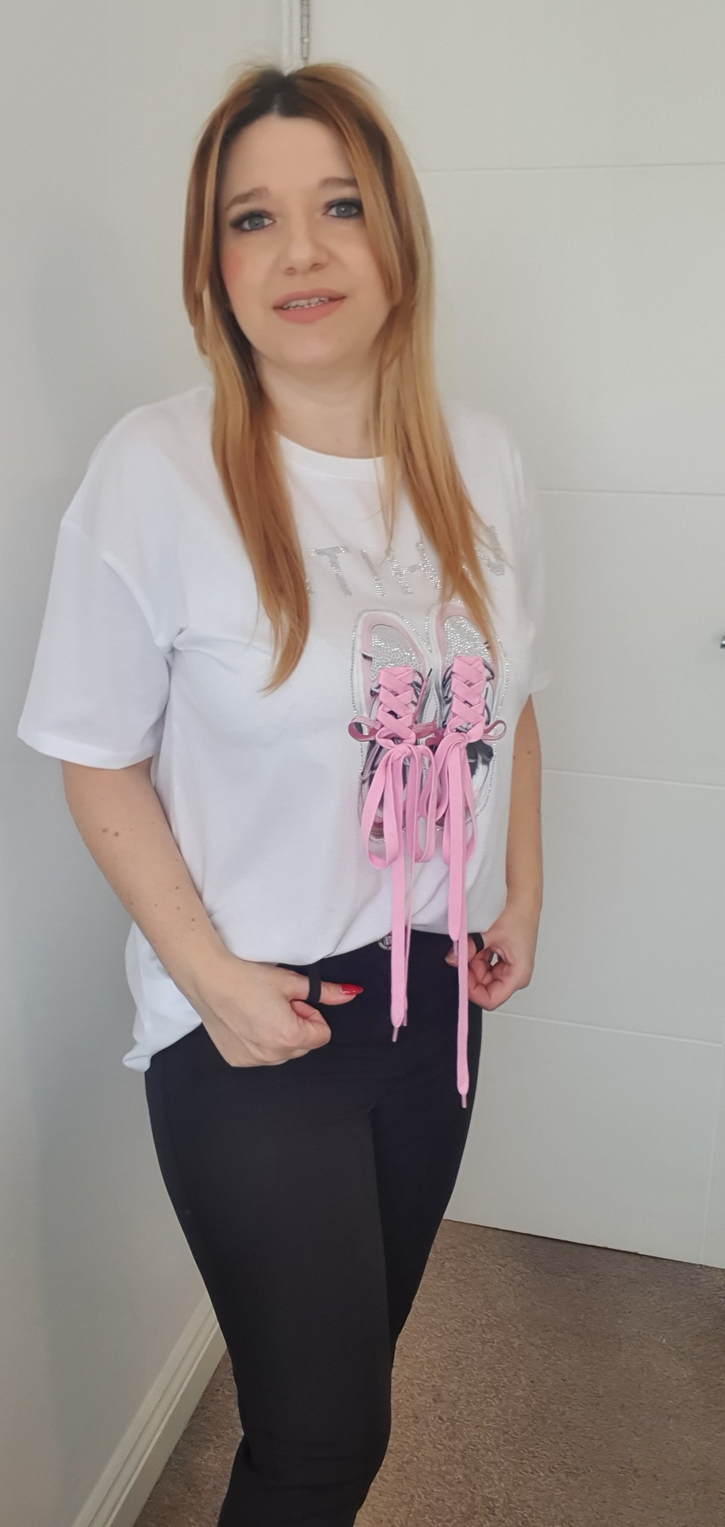 White T-Shirt With Trainers Print