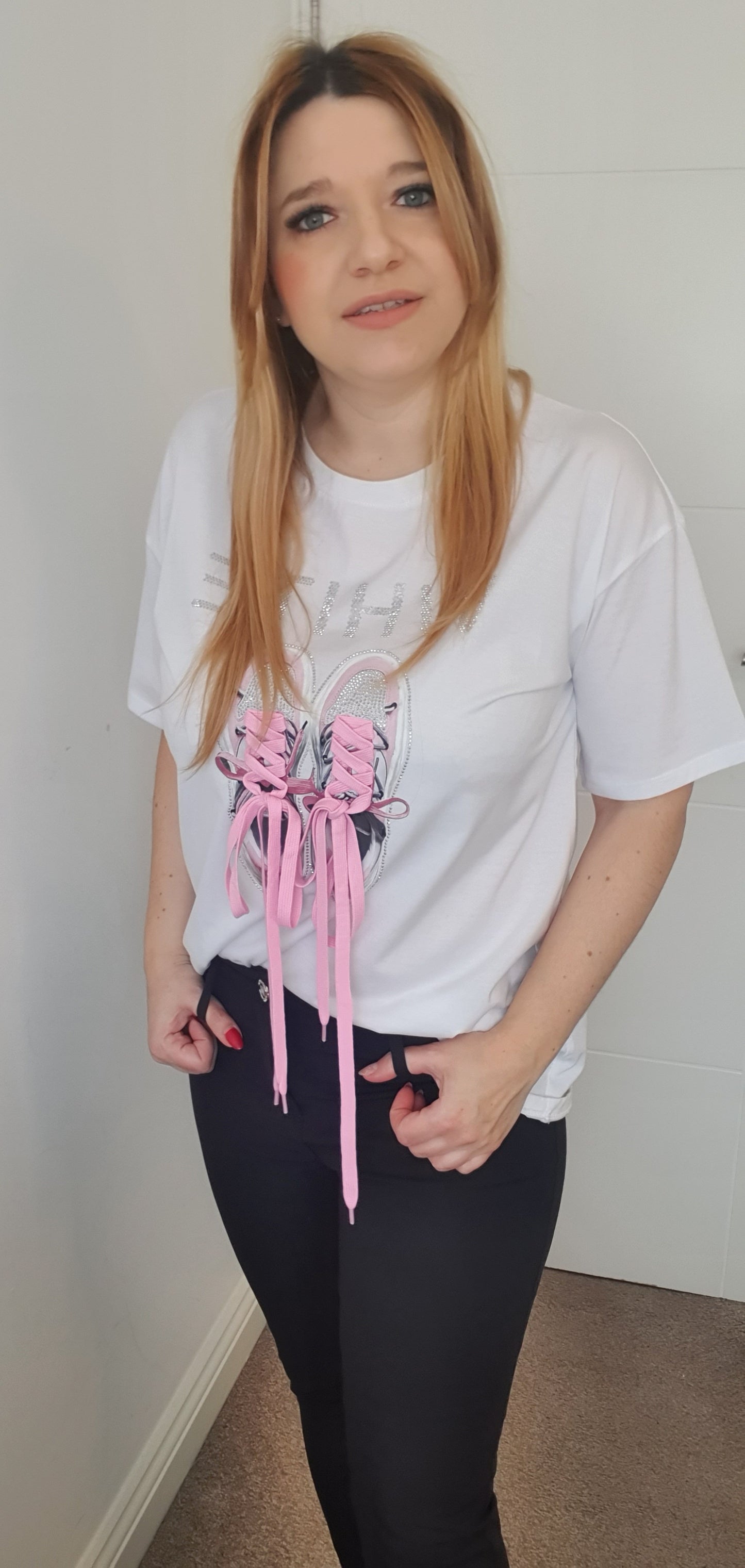 White T-Shirt With Trainers Print