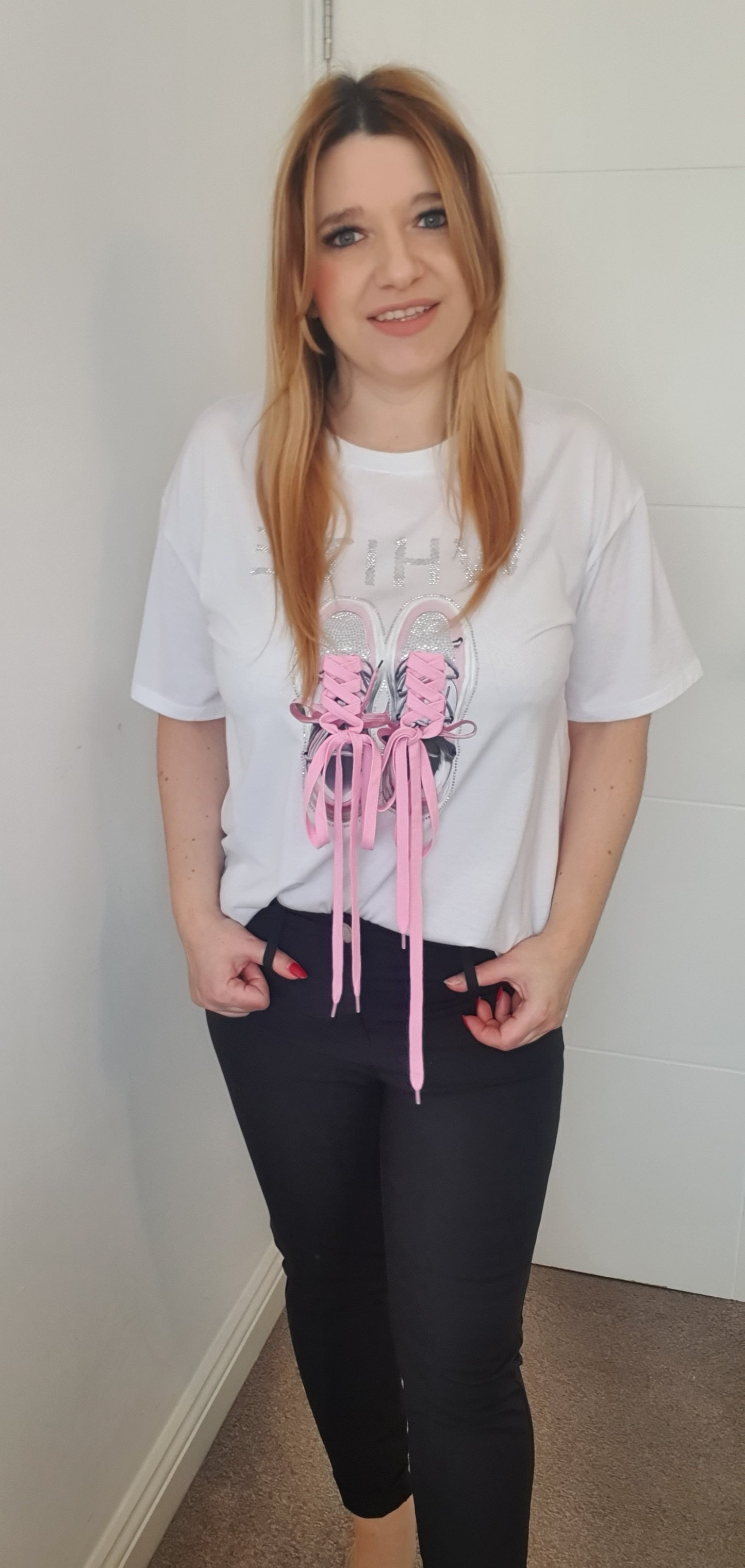 White T-Shirt With Trainers Print