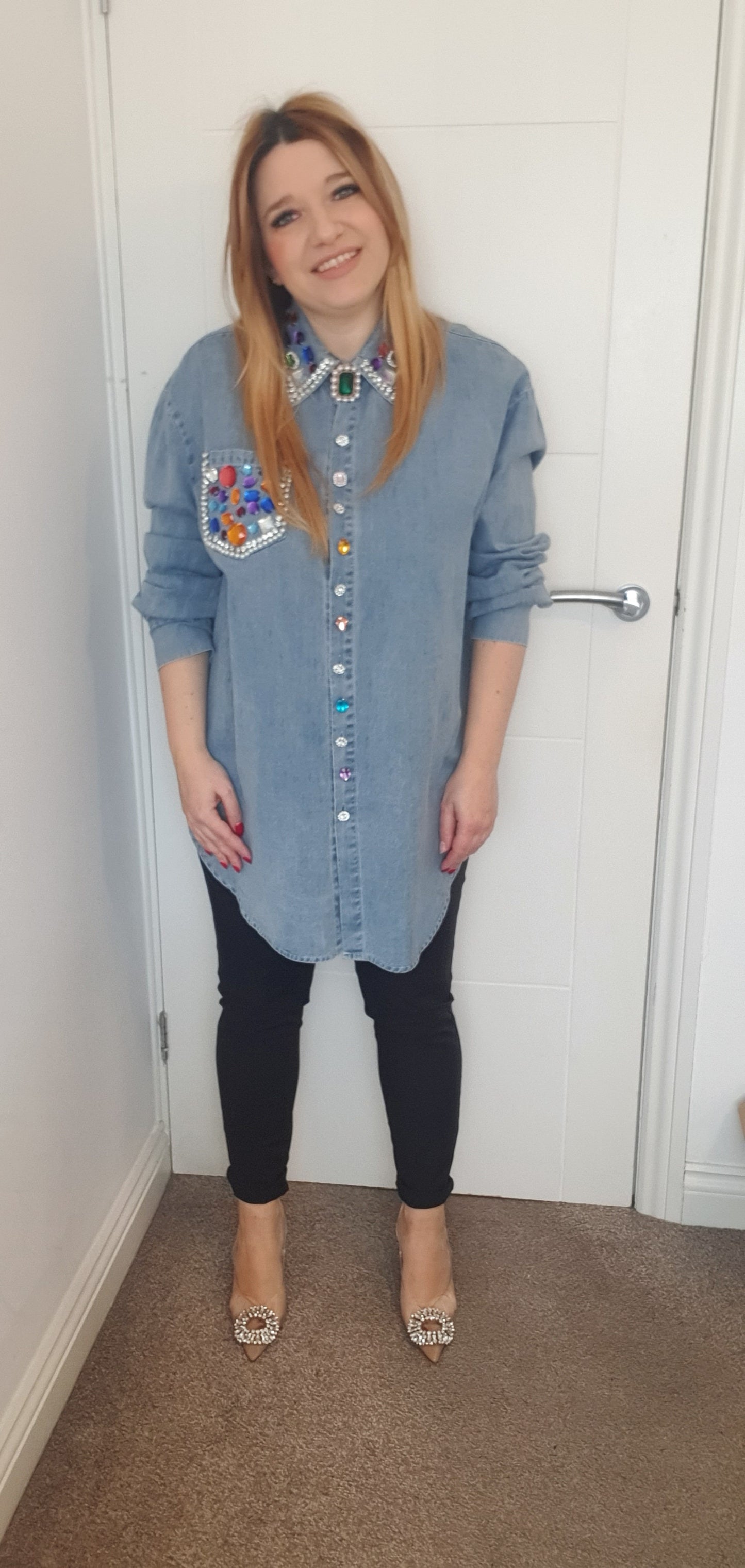 Blue Denim Oversize Smart Shirt With Decorative Beads
