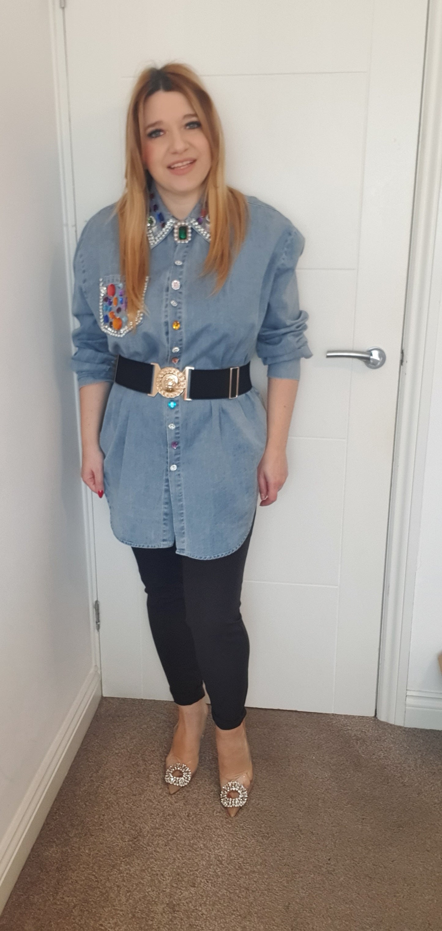 Blue Denim Oversize Smart Shirt With Decorative Beads