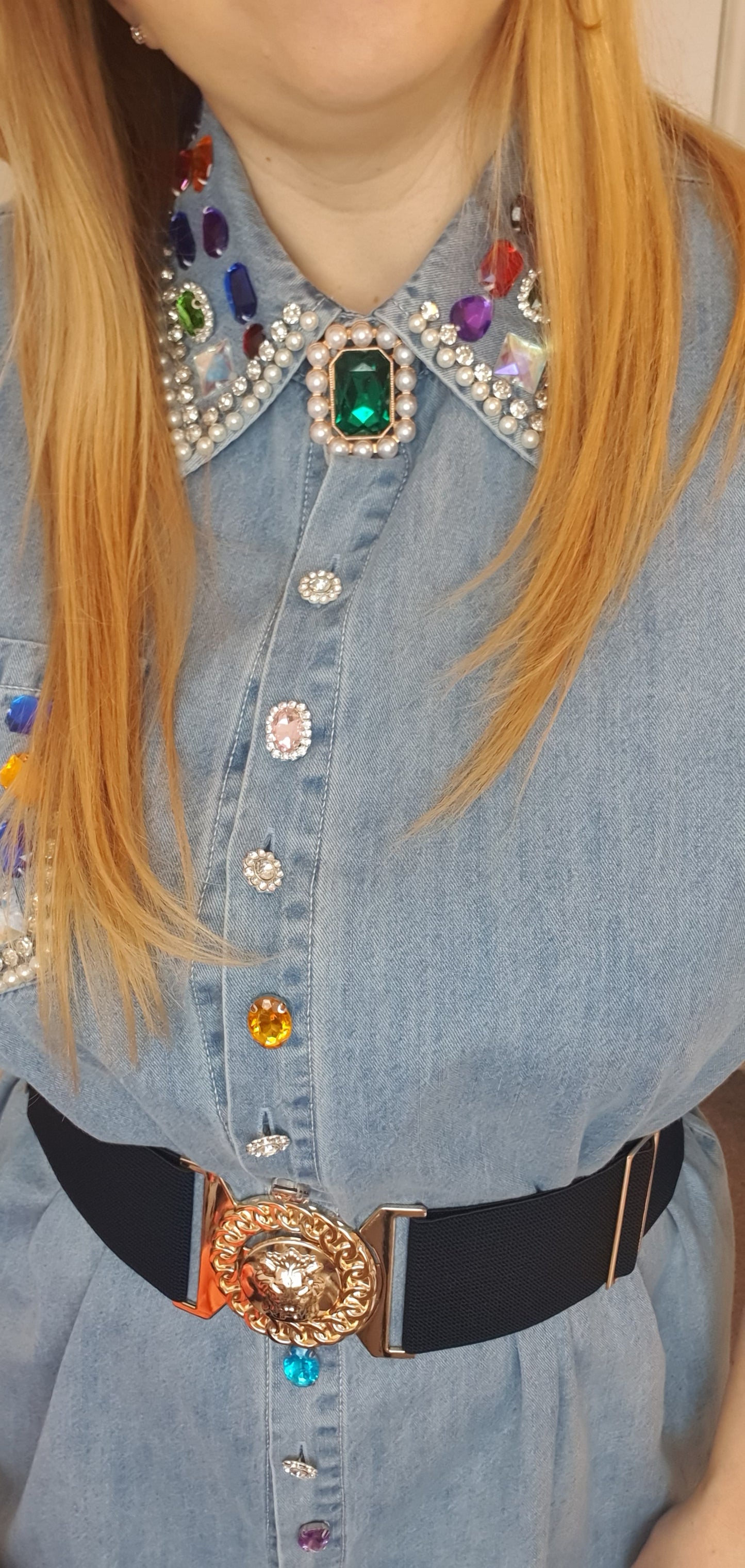 Blue Denim Oversize Smart Shirt With Decorative Beads