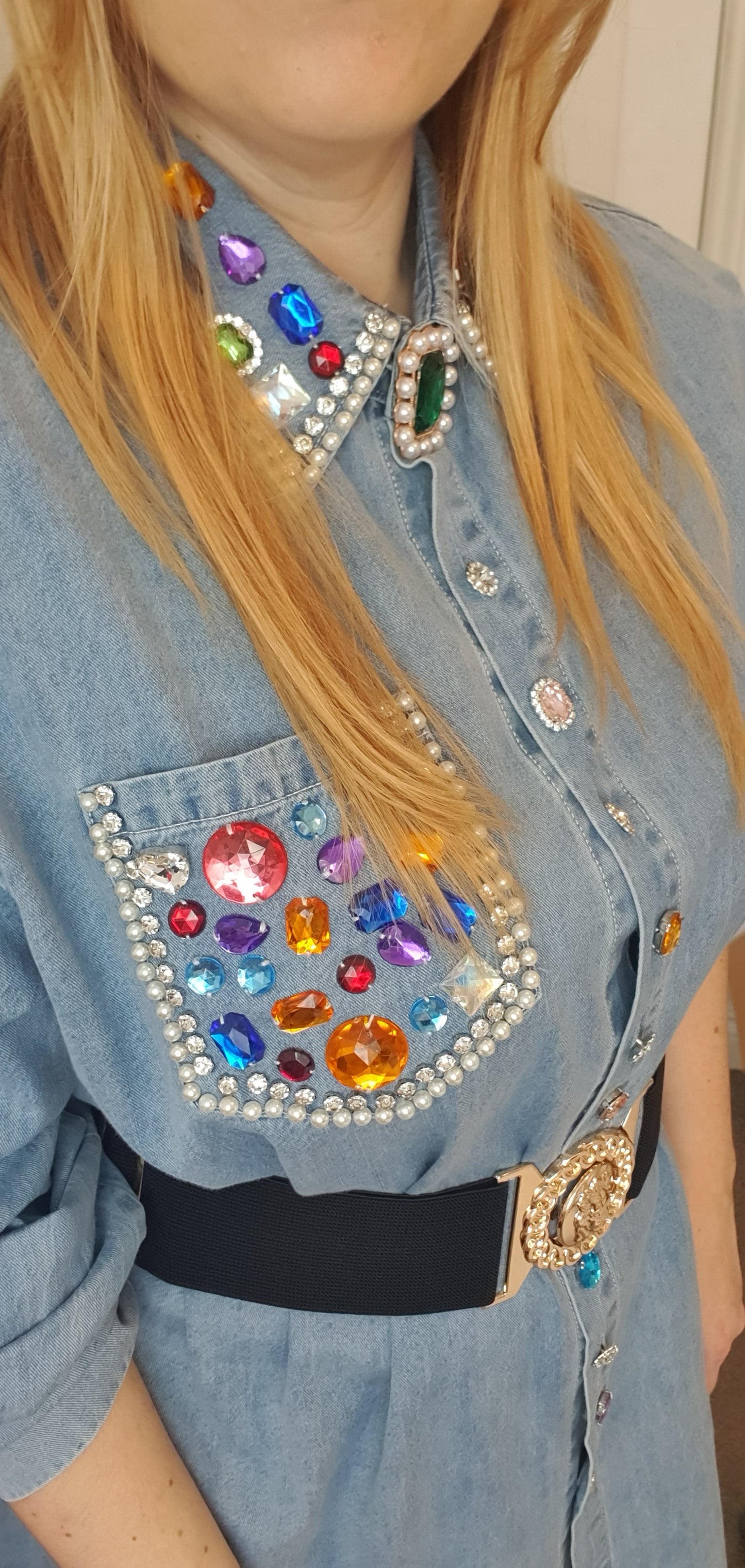 Blue Denim Oversize Smart Shirt With Decorative Beads