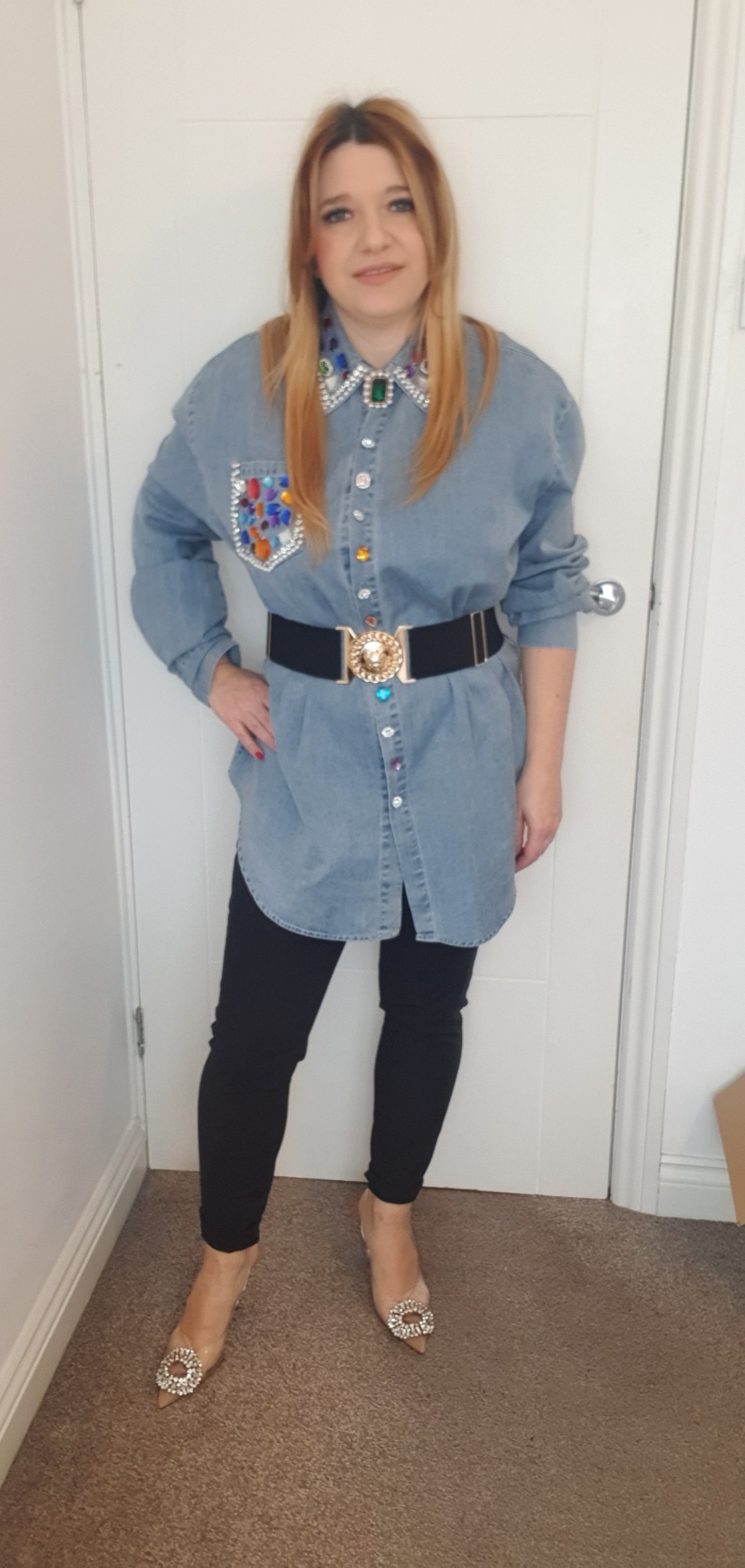 Blue Denim Oversize Smart Shirt With Decorative Beads