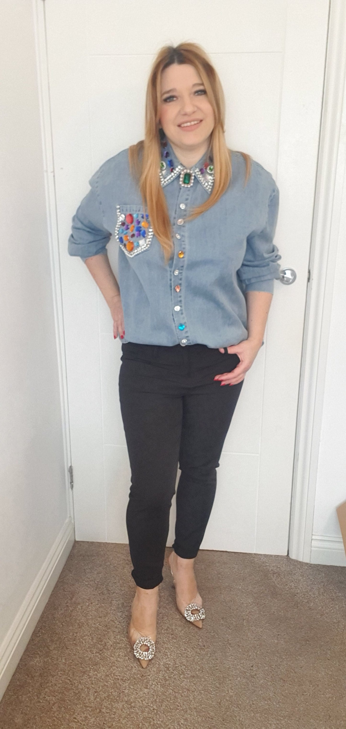 Blue Denim Oversize Smart Shirt With Decorative Beads
