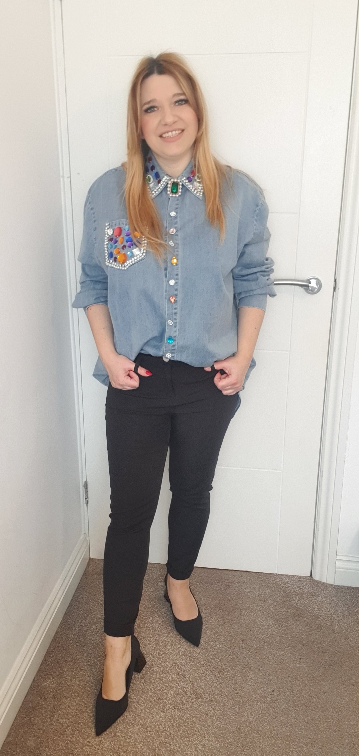 Blue Denim Oversize Smart Shirt With Decorative Beads