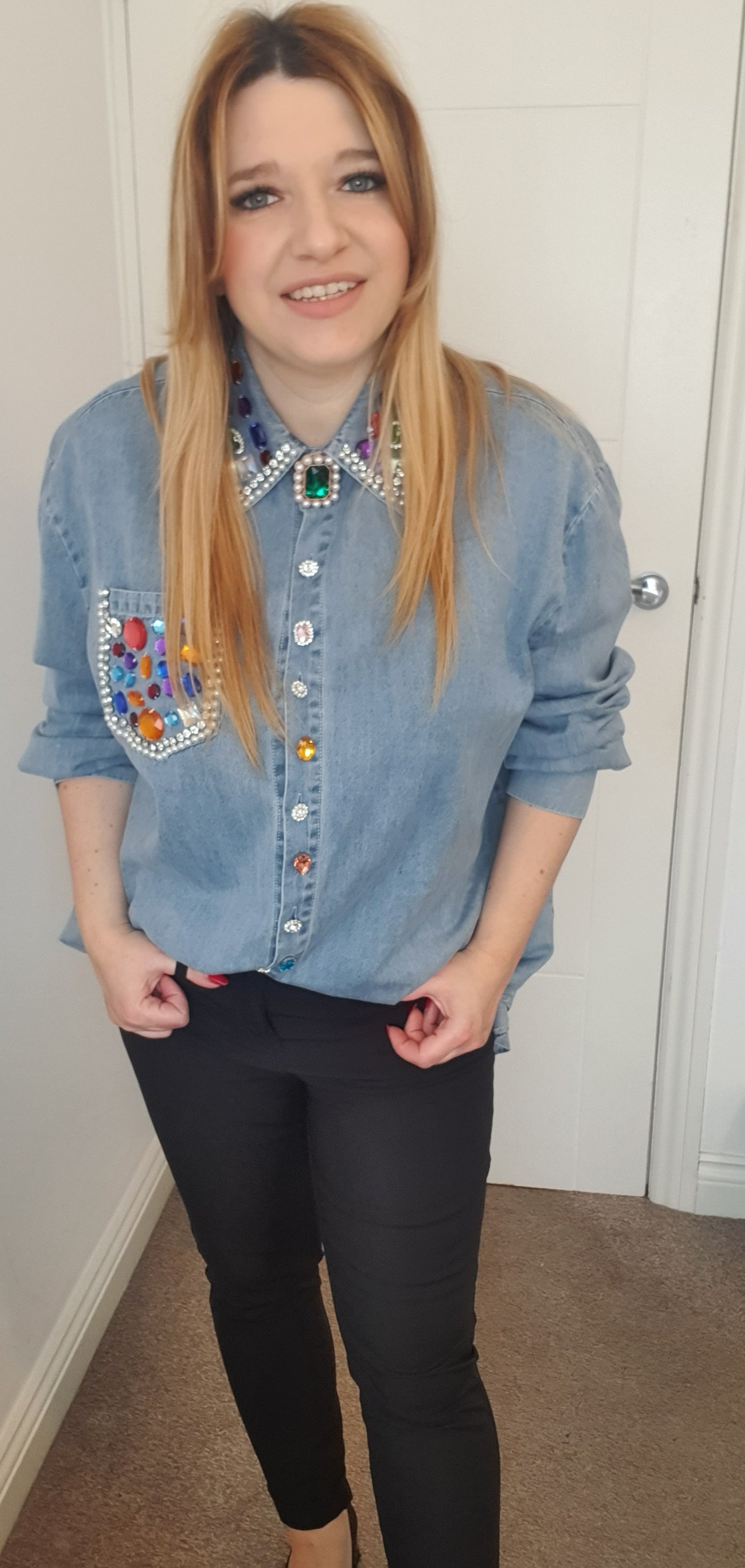 Blue Denim Oversize Smart Shirt With Decorative Beads