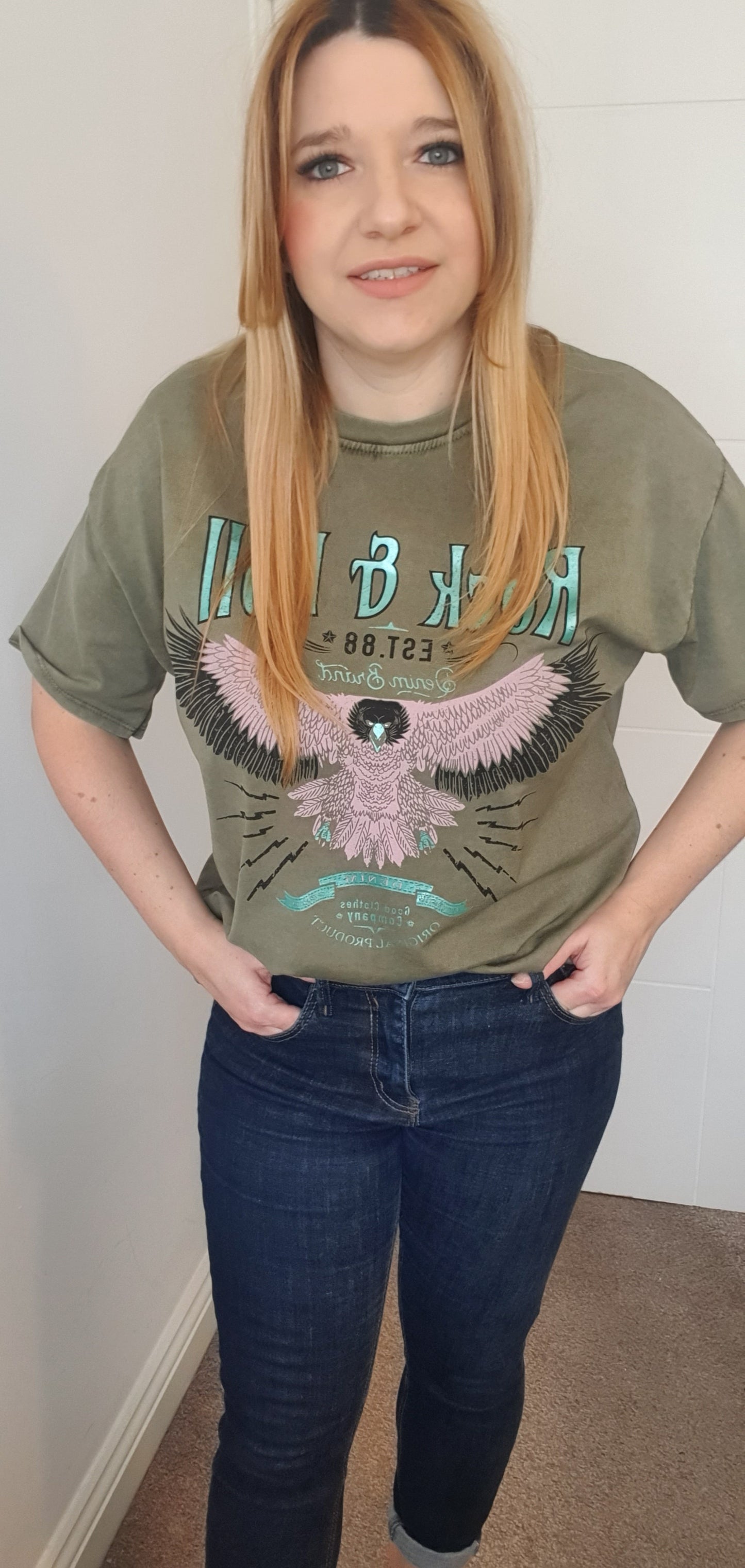 Rock and Roll Eagle Print T-Shirt in Khaki Colour