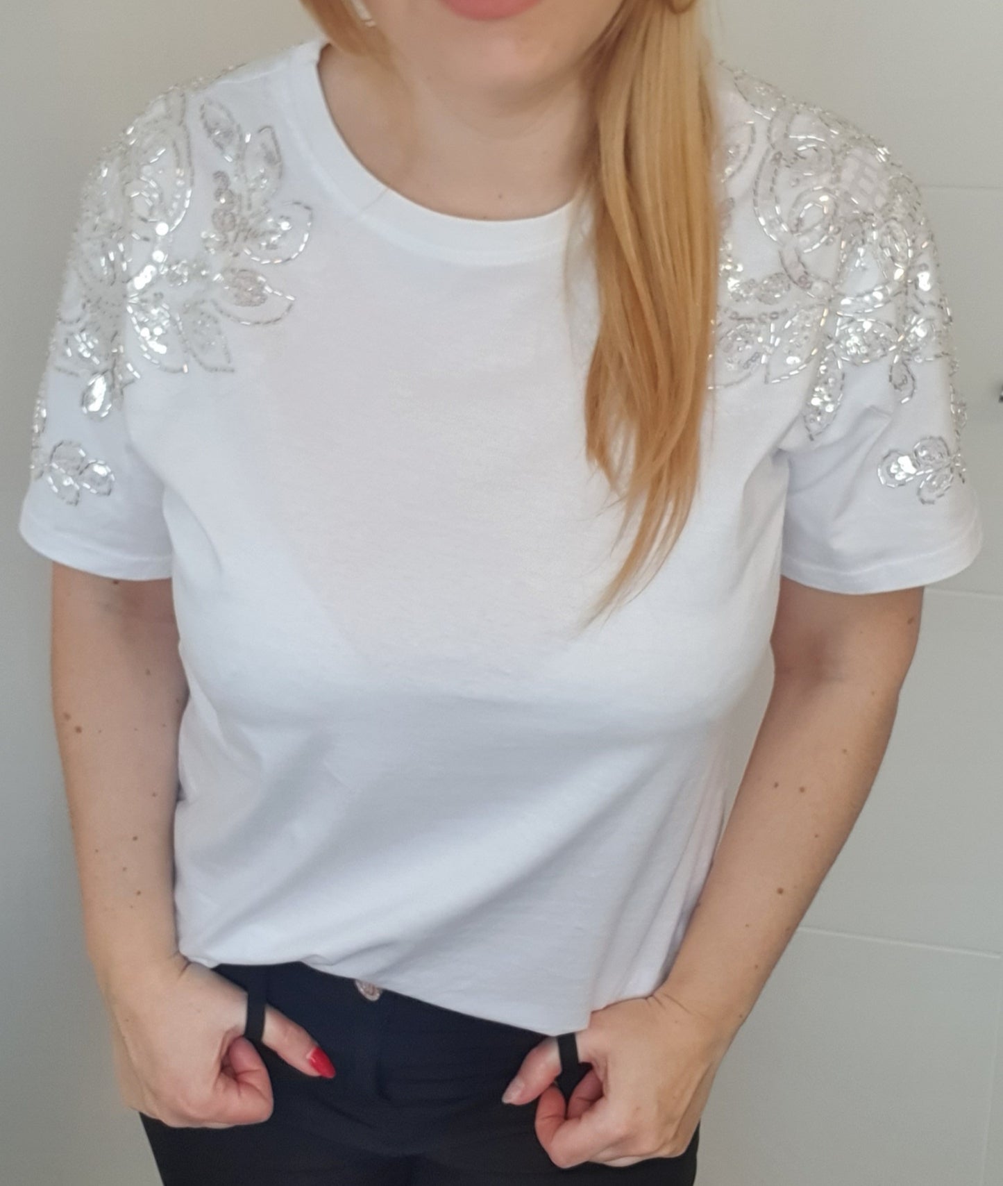 White Cotton T-Shirt with Decorated Sleeves