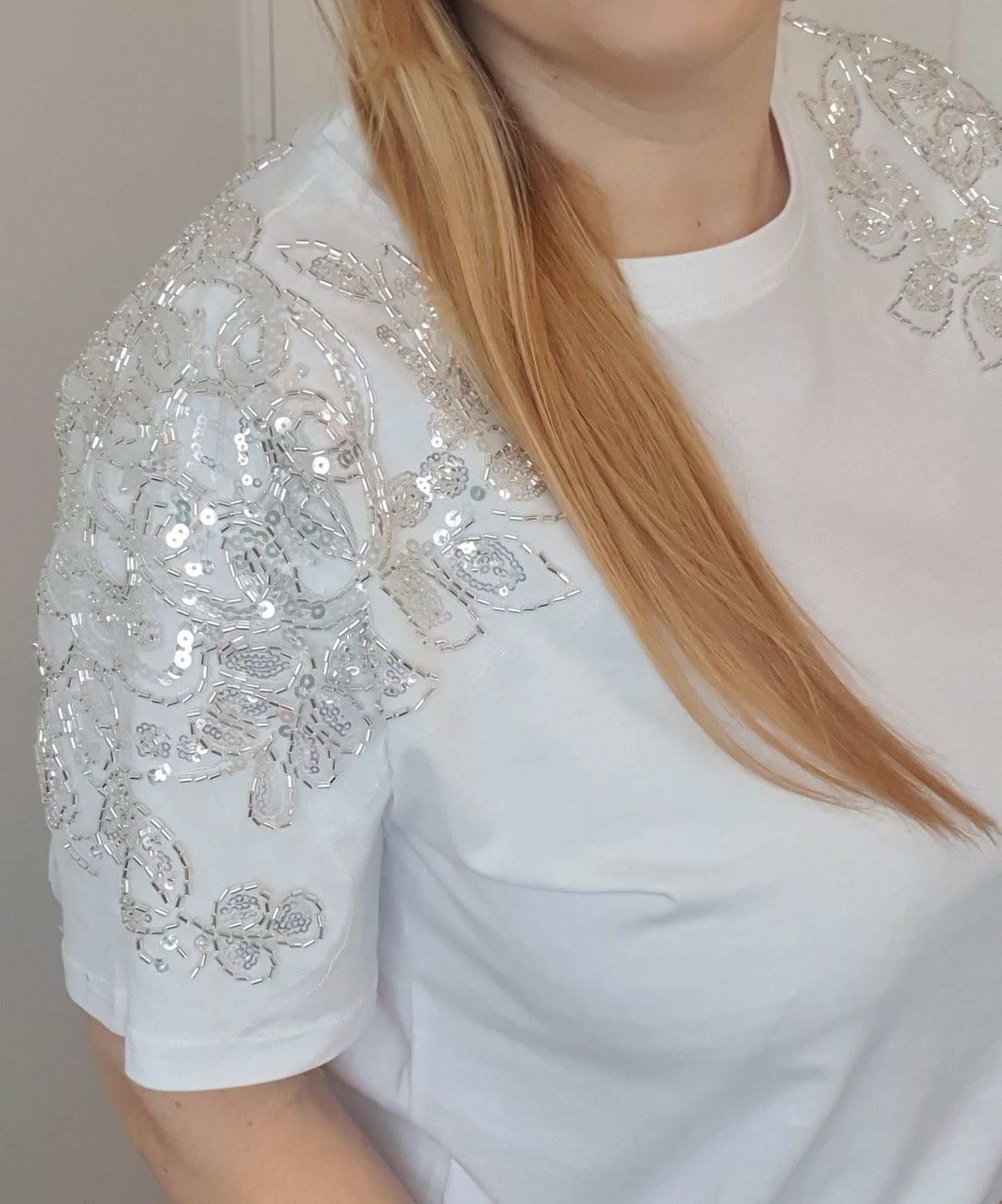 White Cotton T-Shirt with Decorated Sleeves