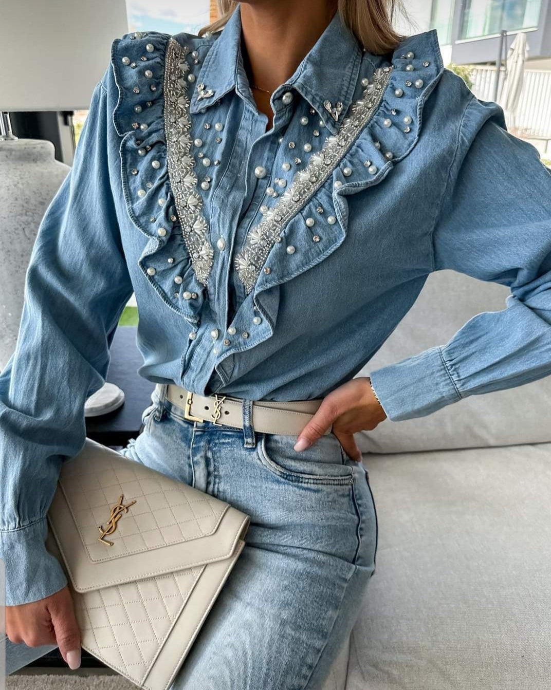 Blue Denim Smart Shirt With Decorative Beads