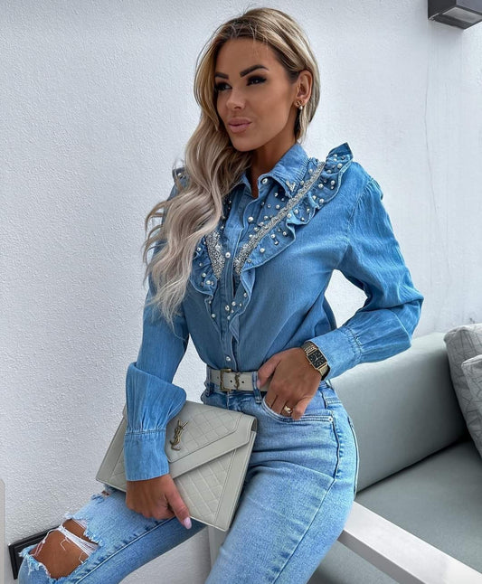 Blue Denim Smart Shirt With Decorative Beads