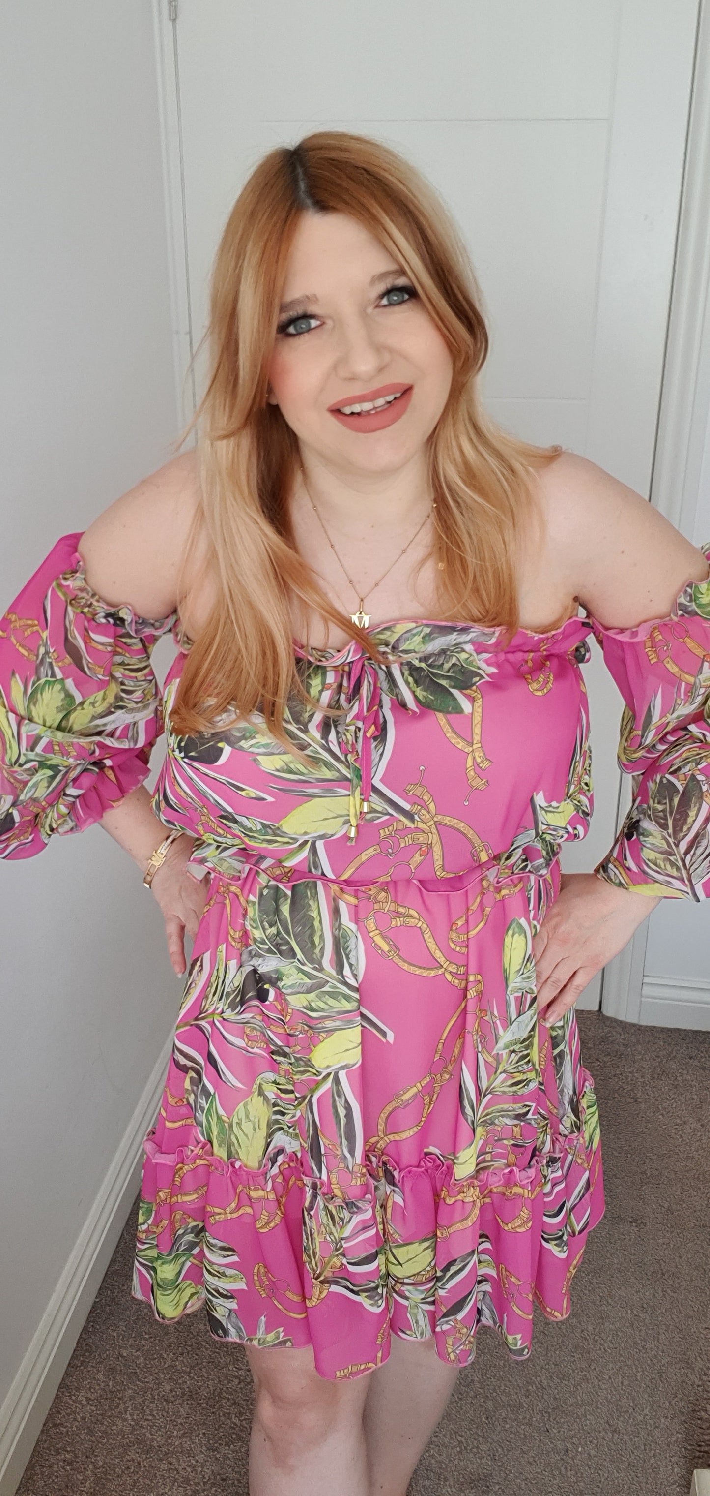 Short Summer Off Shoulder Dress Fuchsia Leaf Pattern One Size 6-14 UK