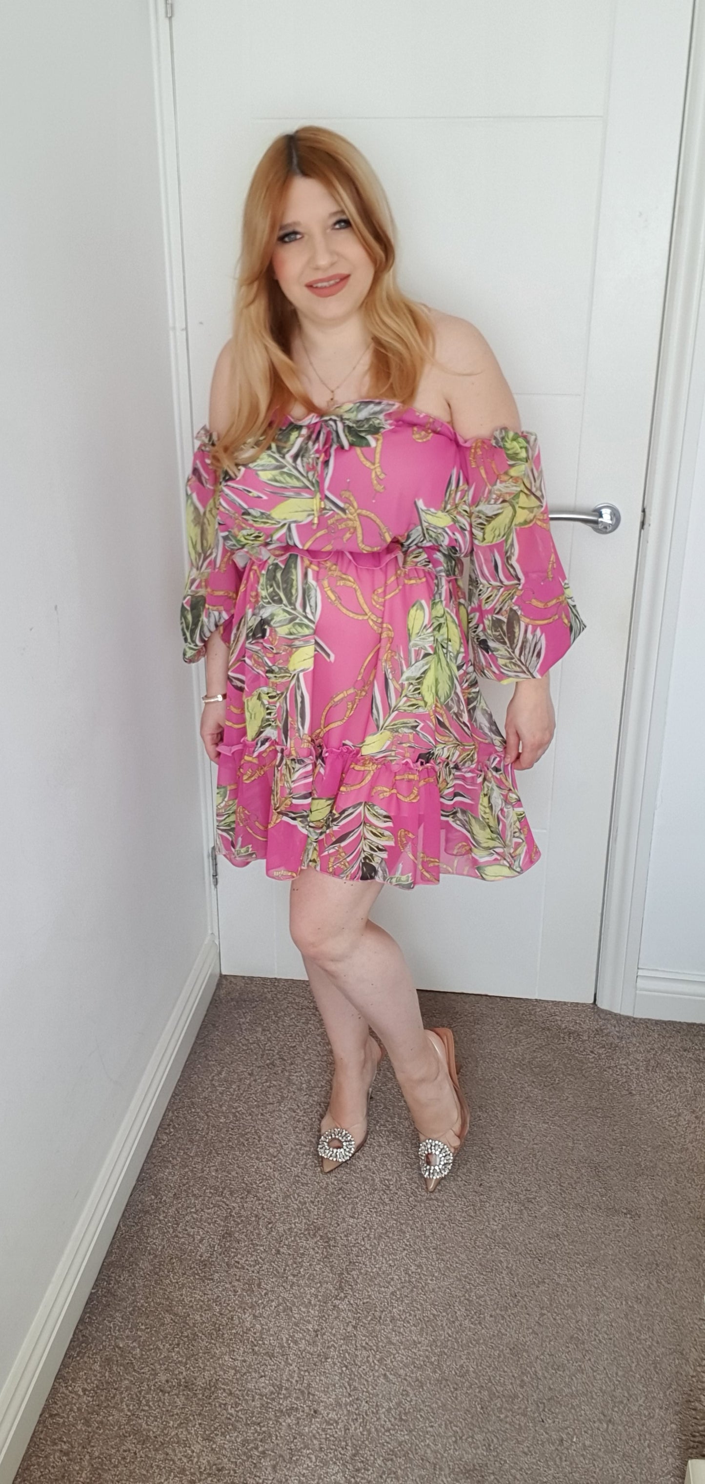 Short Summer Off Shoulder Dress Fuchsia Leaf Pattern One Size 6-14 UK