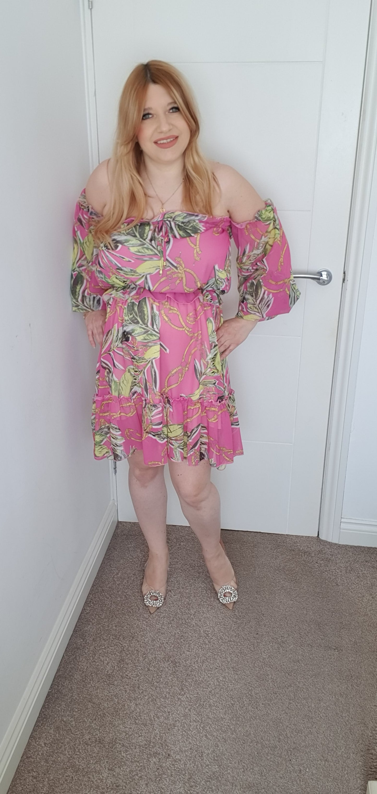 Short Summer Off Shoulder Dress Fuchsia Leaf Pattern One Size 6-14 UK