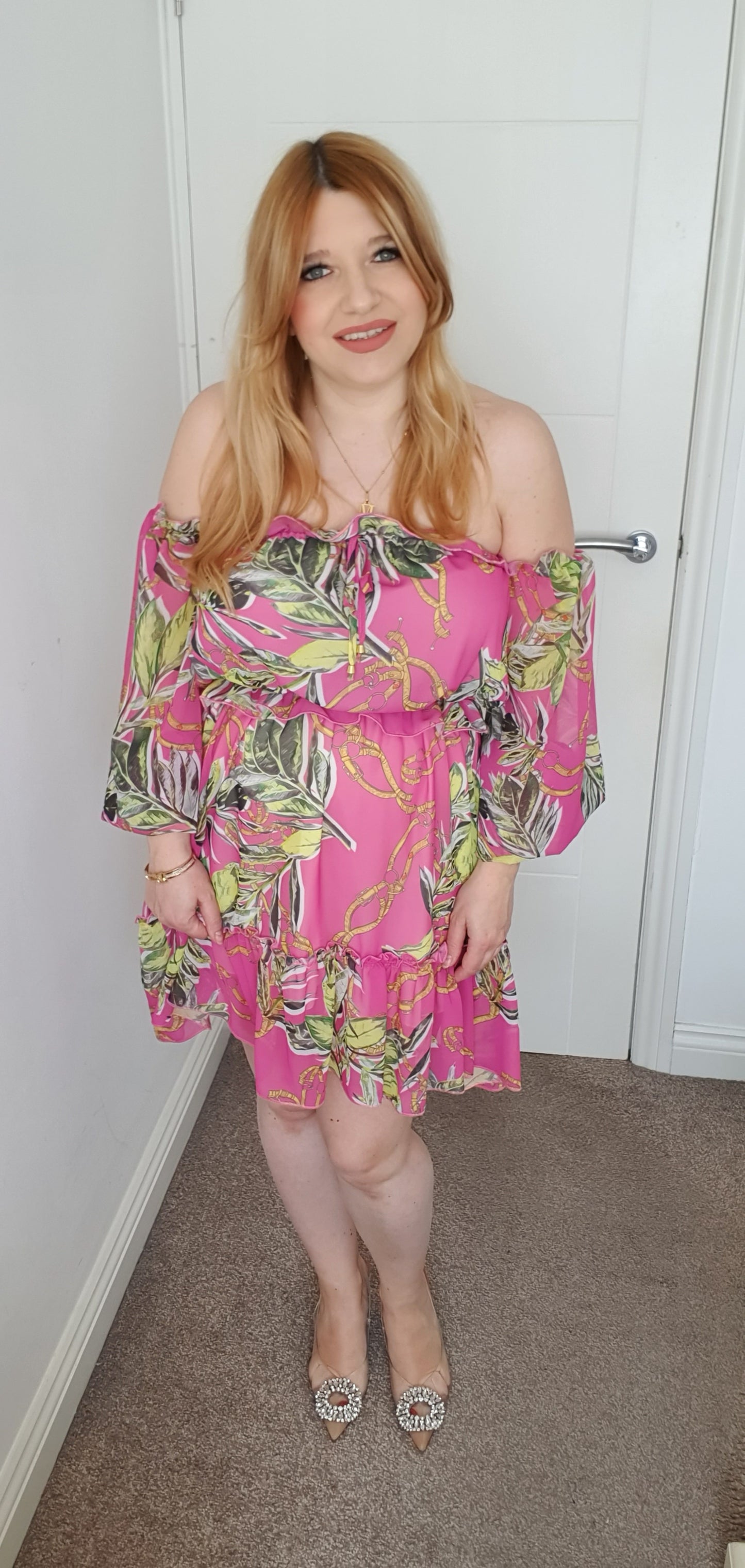 Short Summer Off Shoulder Dress Fuchsia Leaf Pattern One Size 6-14 UK