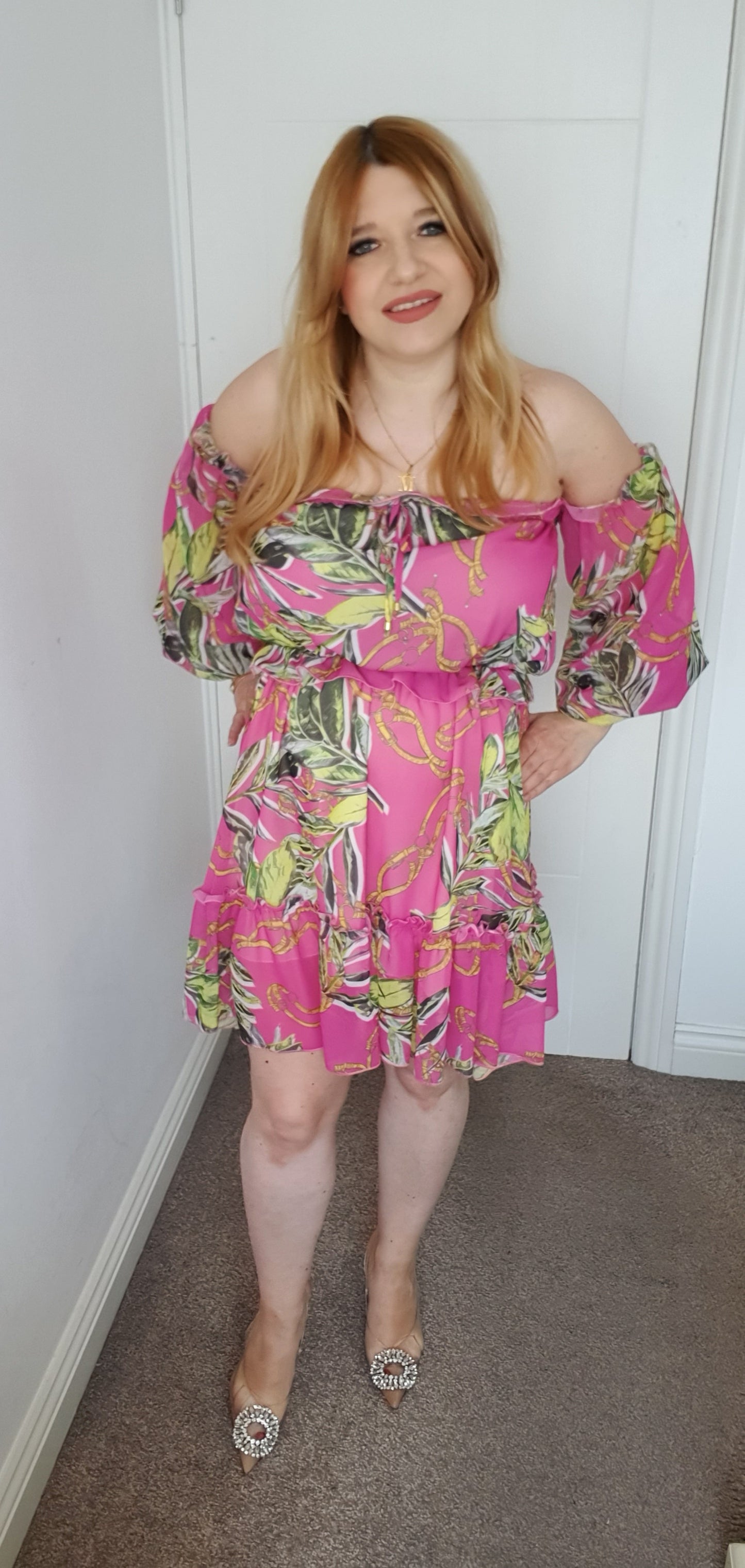 Short Summer Off Shoulder Dress Fuchsia Leaf Pattern One Size 6-14 UK