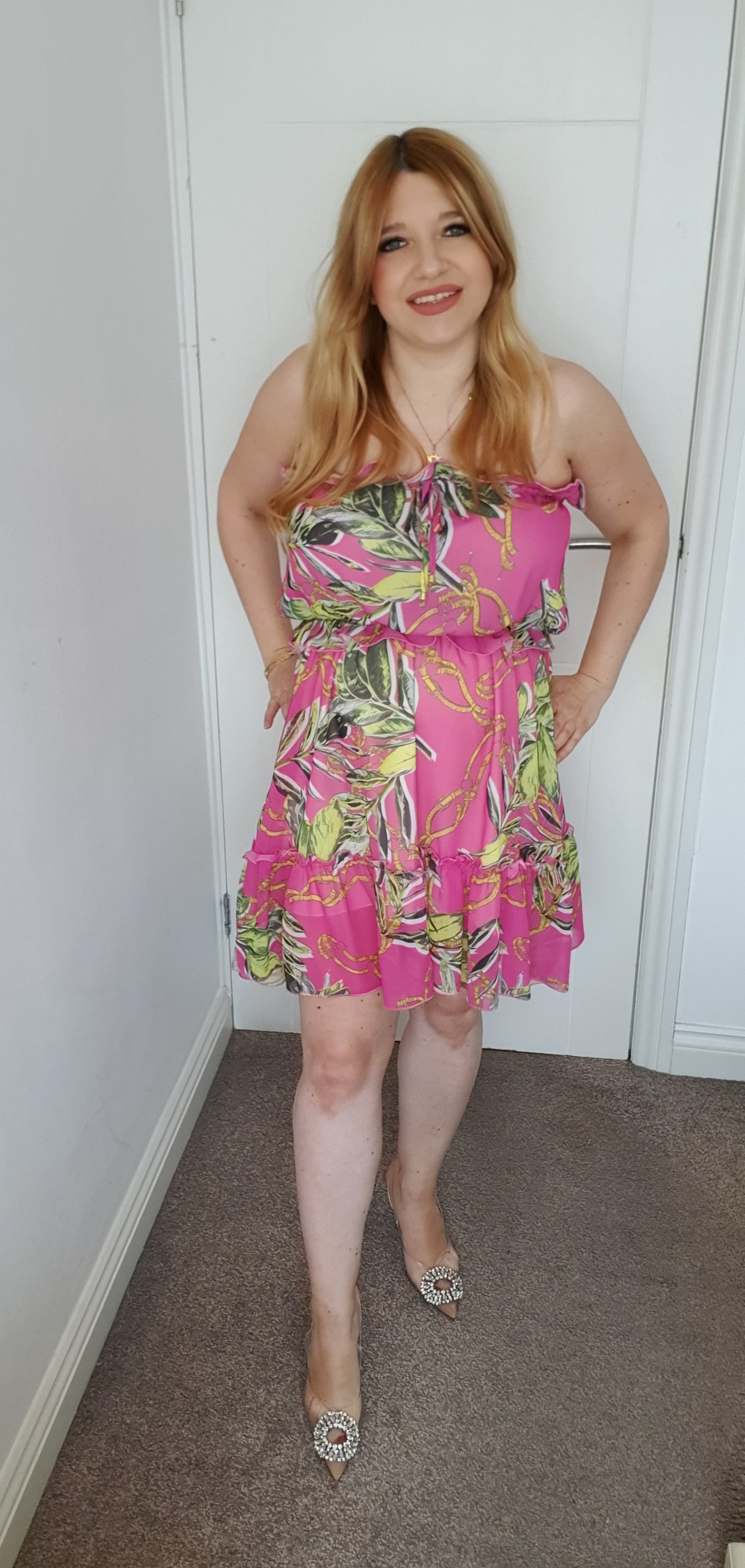 Short Summer Off Shoulder Dress Fuchsia Leaf Pattern One Size 6-14 UK