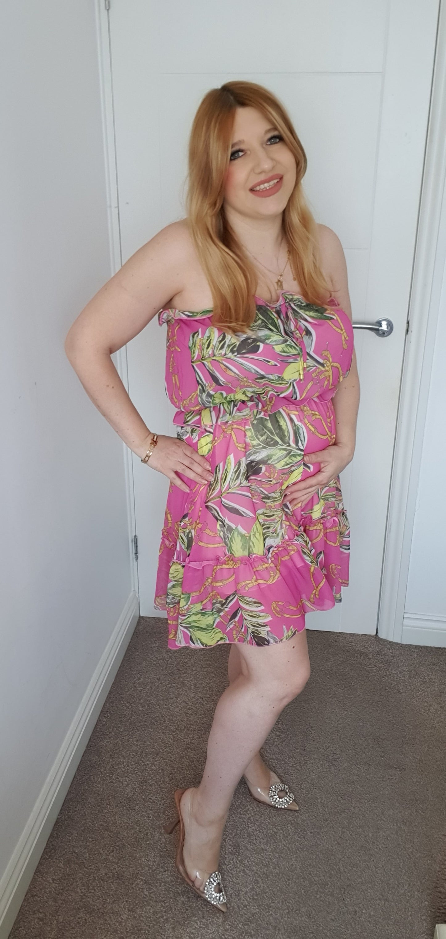 Short Summer Off Shoulder Dress Fuchsia Leaf Pattern One Size 6-14 UK