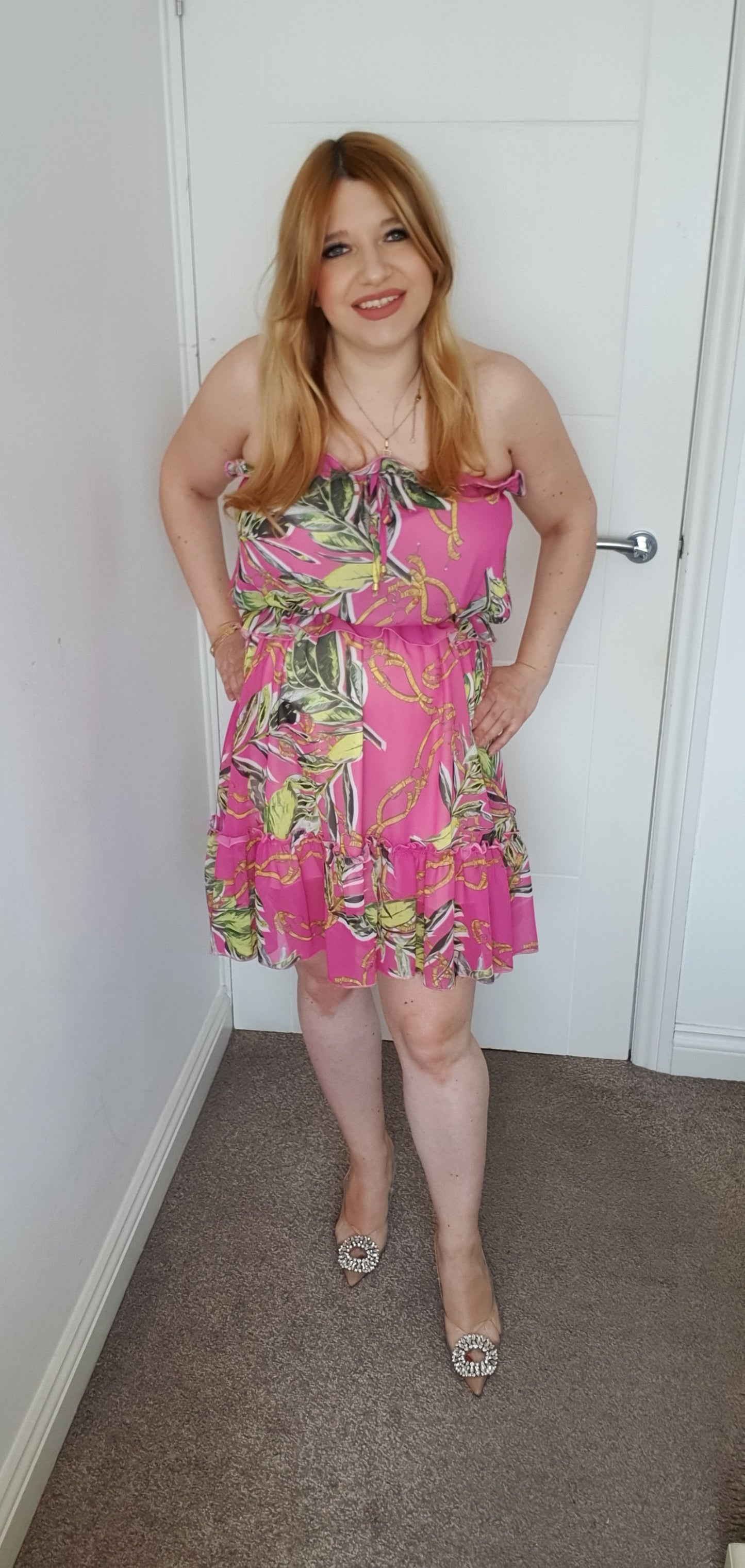 Short Summer Off Shoulder Dress Fuchsia Leaf Pattern One Size 6-14 UK
