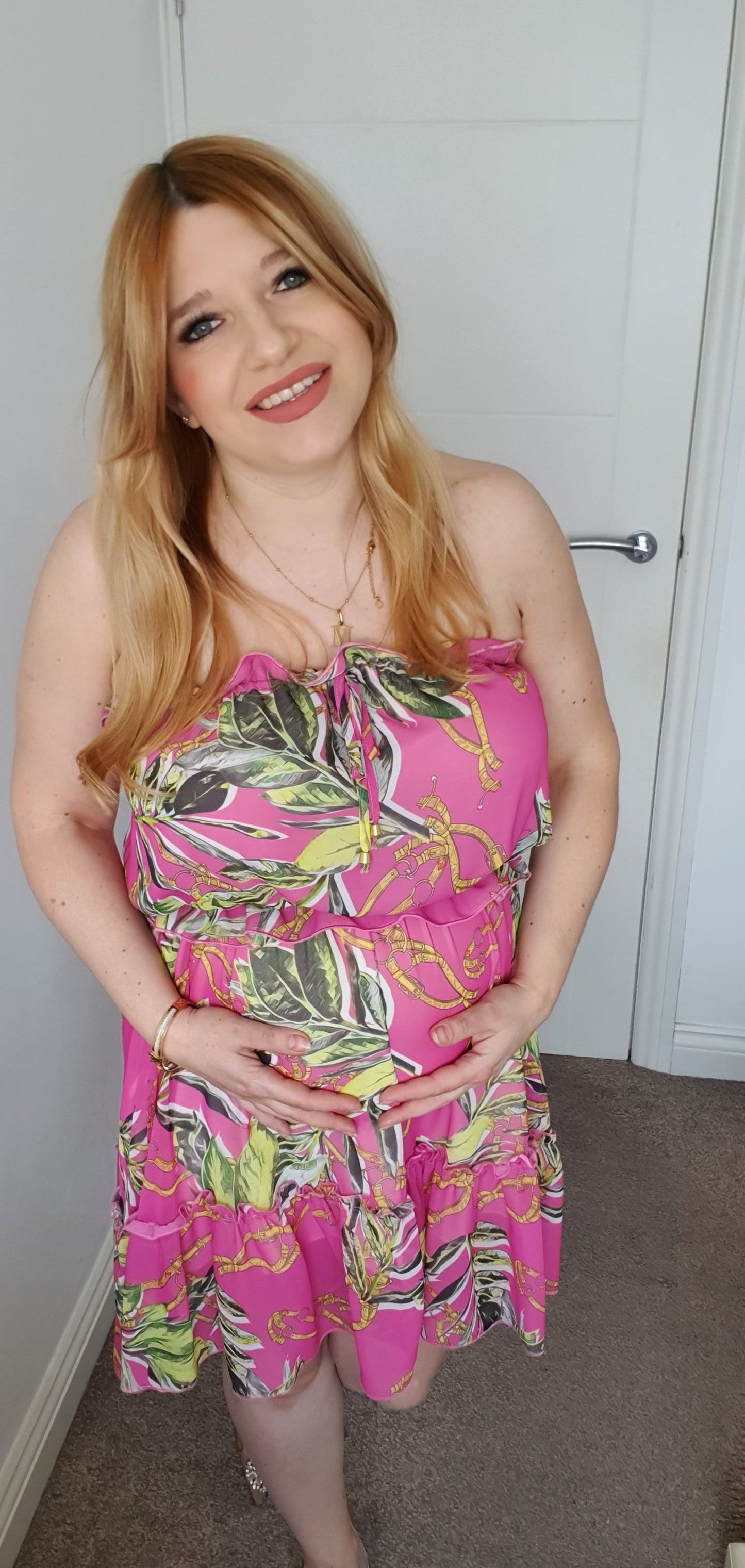 Short Summer Off Shoulder Dress Fuchsia Leaf Pattern One Size 6-14 UK