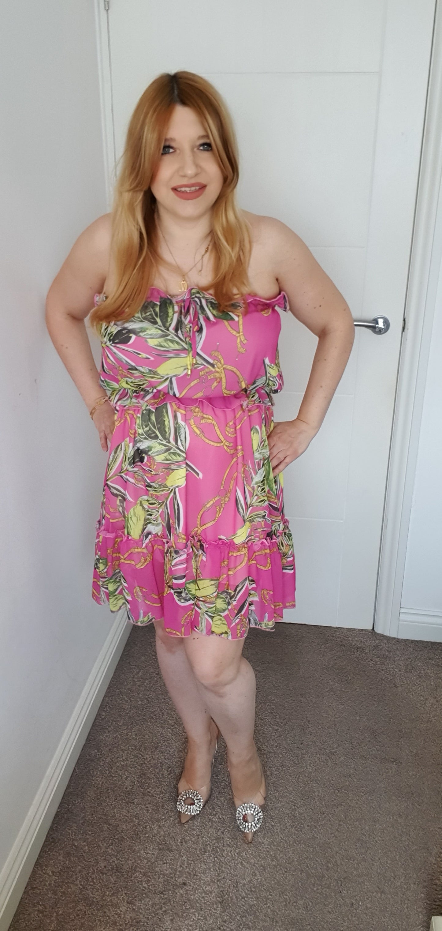 Short Summer Off Shoulder Dress Fuchsia Leaf Pattern One Size 6-14 UK