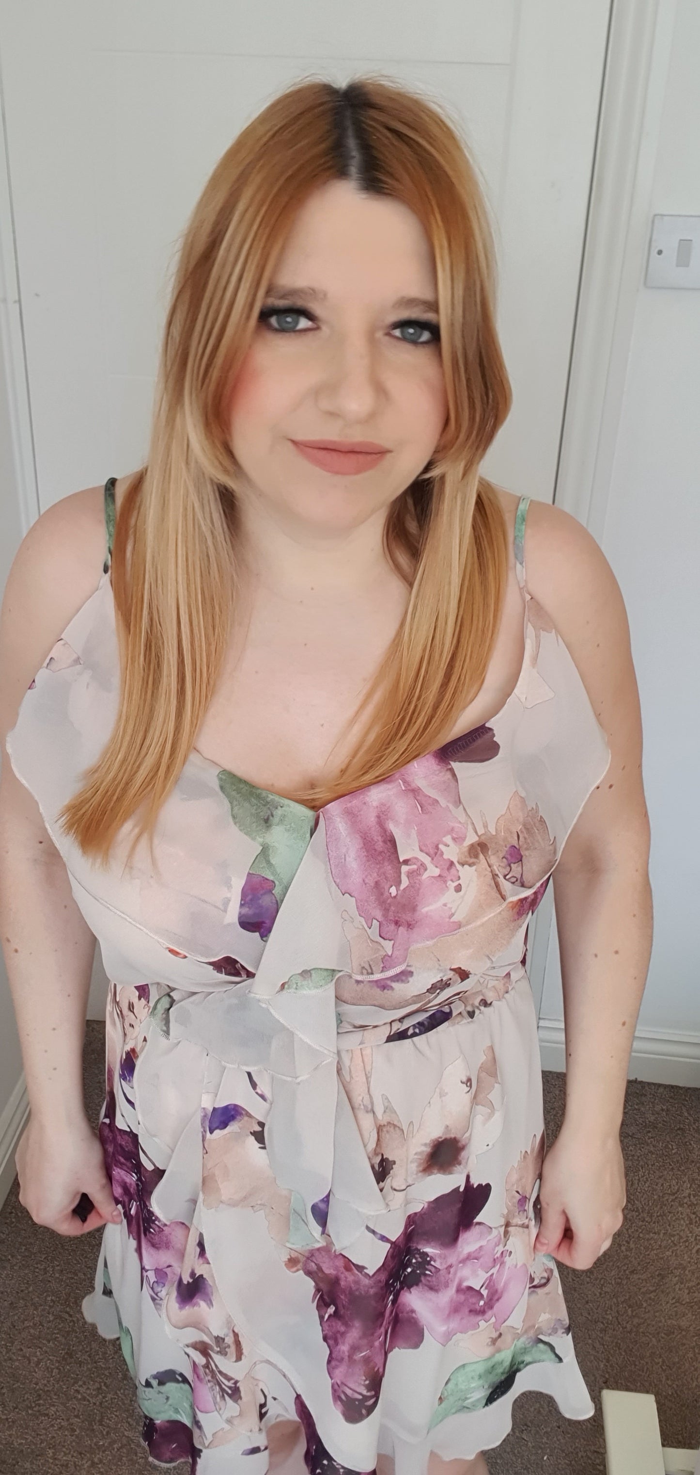 Strappy Beige Mini Summer Dress Floral Pattern One Size