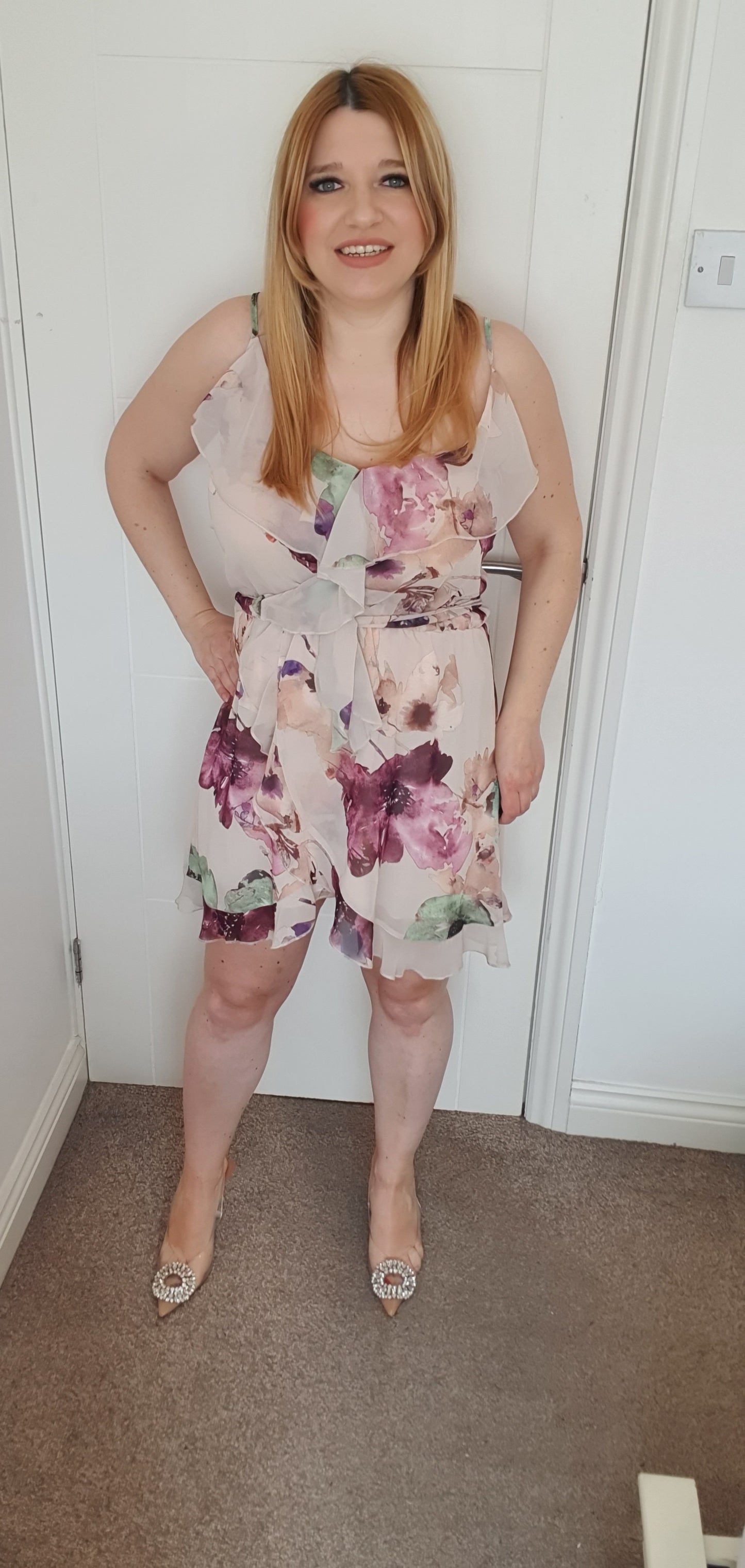Strappy Beige Mini Summer Dress Floral Pattern One Size