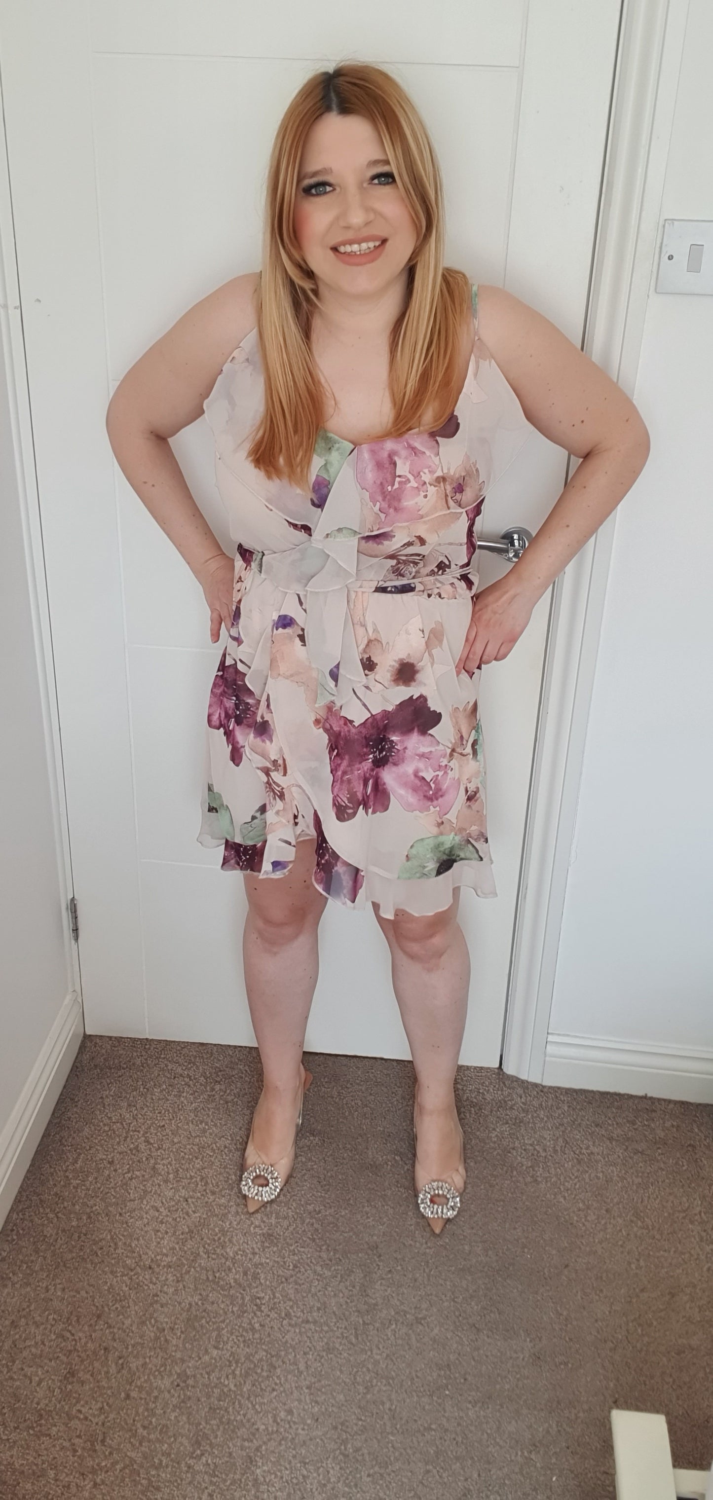 Strappy Beige Mini Summer Dress Floral Pattern One Size