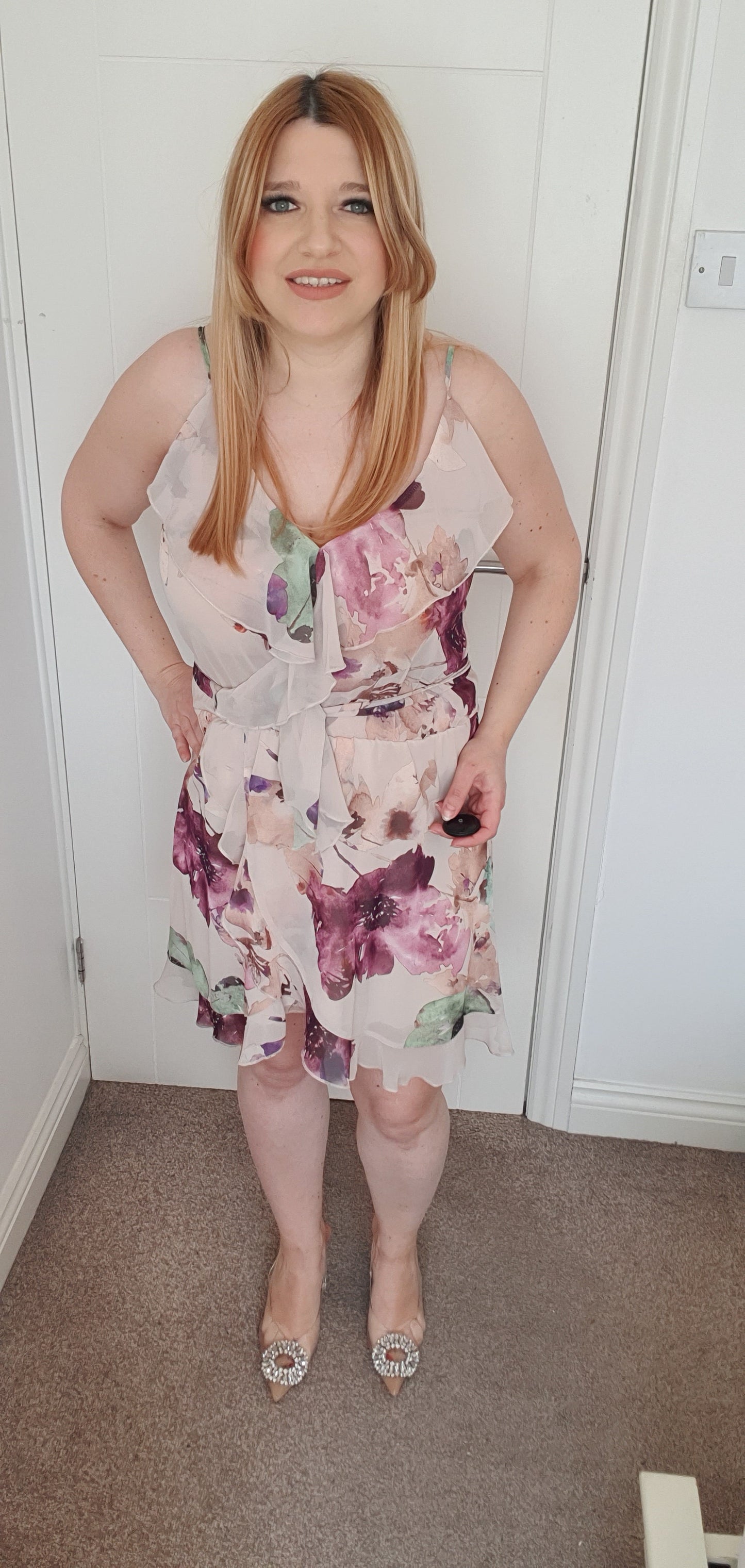 Strappy Beige Mini Summer Dress Floral Pattern One Size