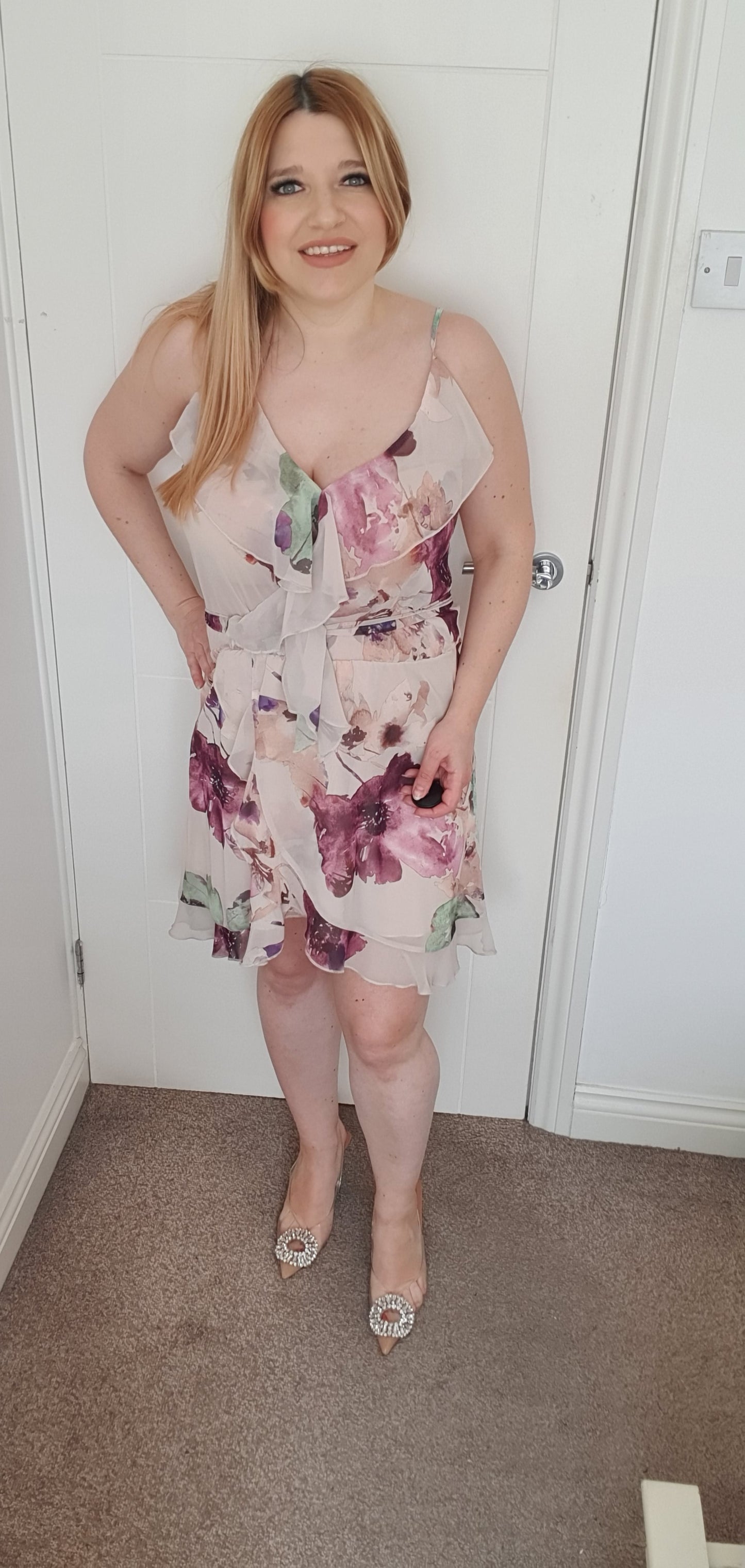 Strappy Beige Mini Summer Dress Floral Pattern One Size
