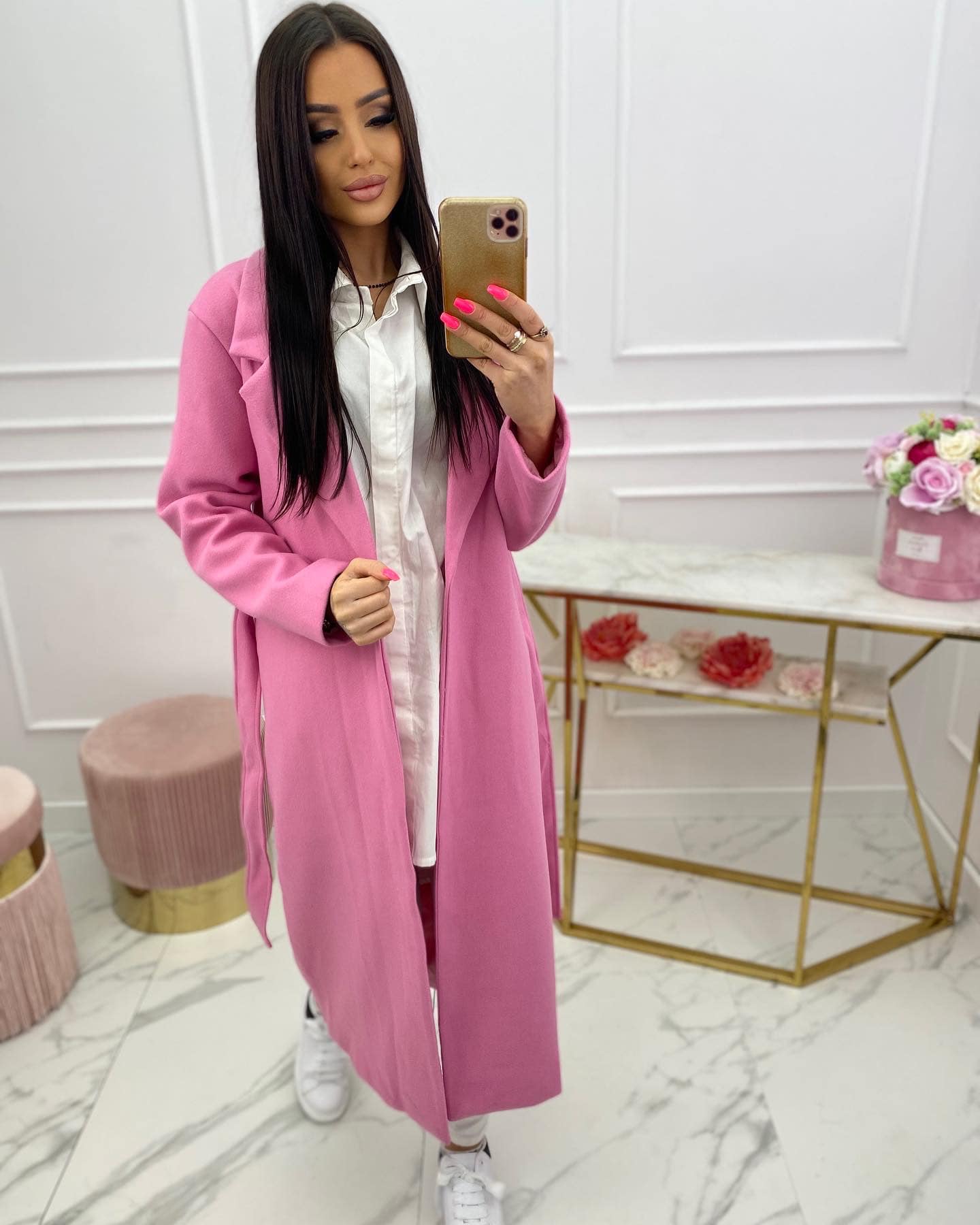 Elegant Spring Barbie Pink Long Belted Coat