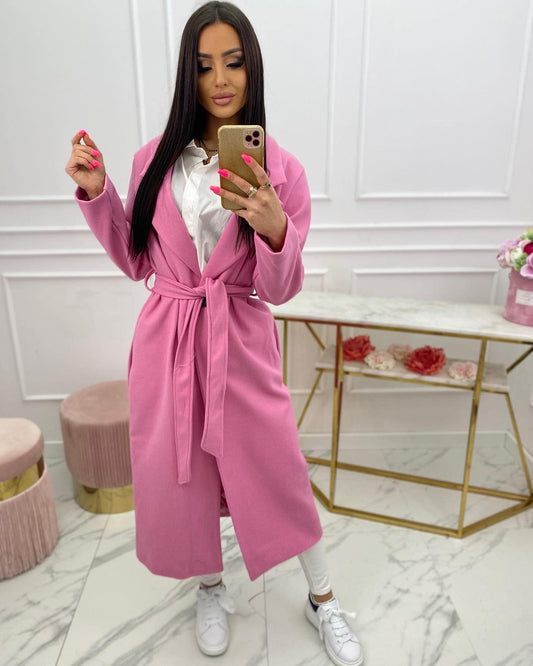 Elegant Spring Barbie Pink Long Belted Coat
