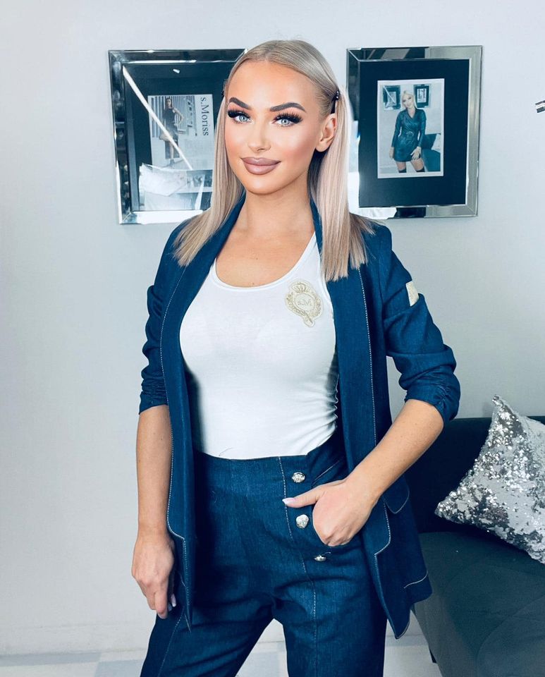 Blue Jeans Style Suit Open Blazer with High Waisted Cigarette Trousers