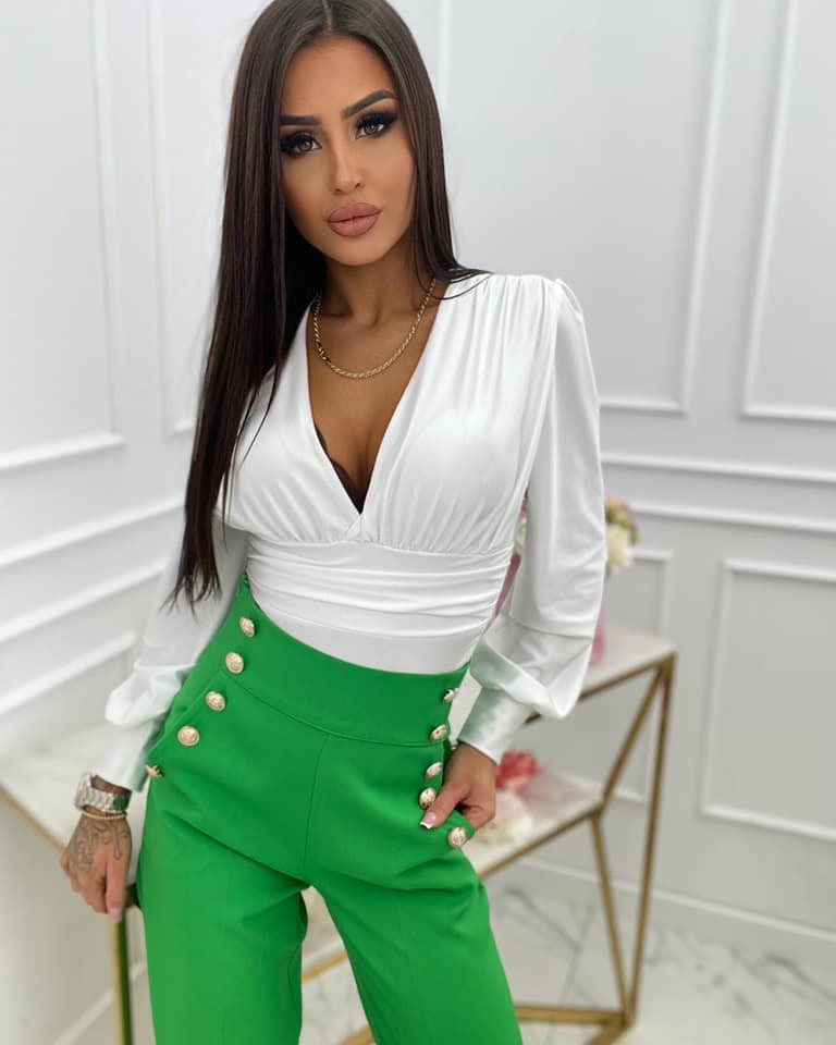 Green High Waist Wide Leg Pants With Golden Buttons