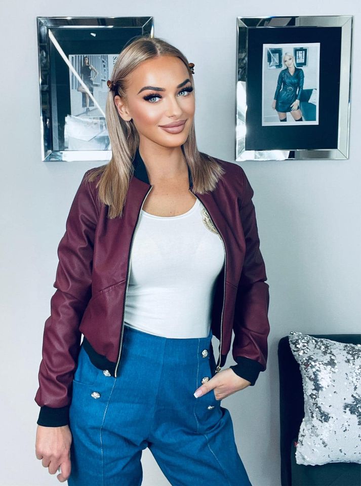 Burgundy Faux Leather Bomber Jacket